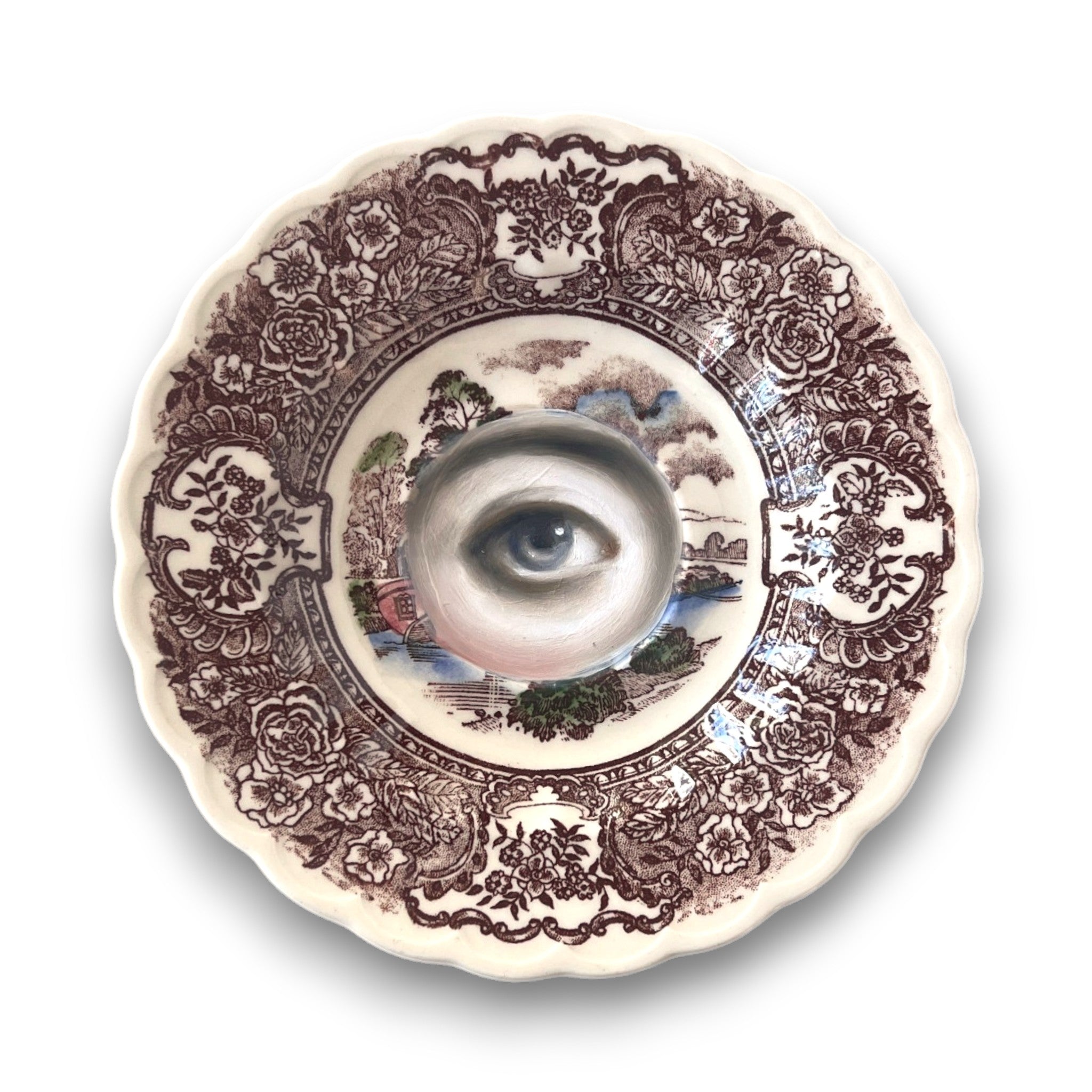 No. 3184 Lover's Eye Painting on a Brown Transferware Plate