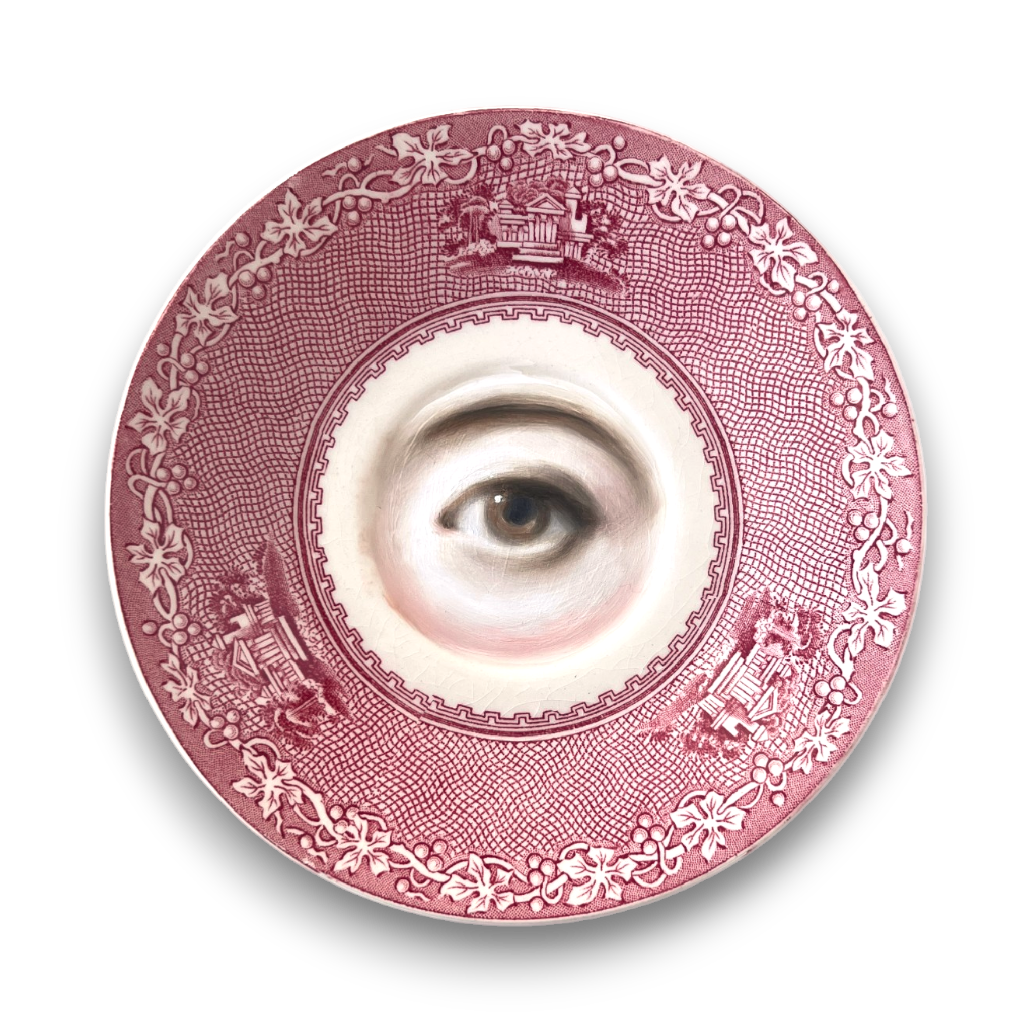 No. 3175 Lover's Eye Painting on an English Red "Jenny Lind" Transferware Plate