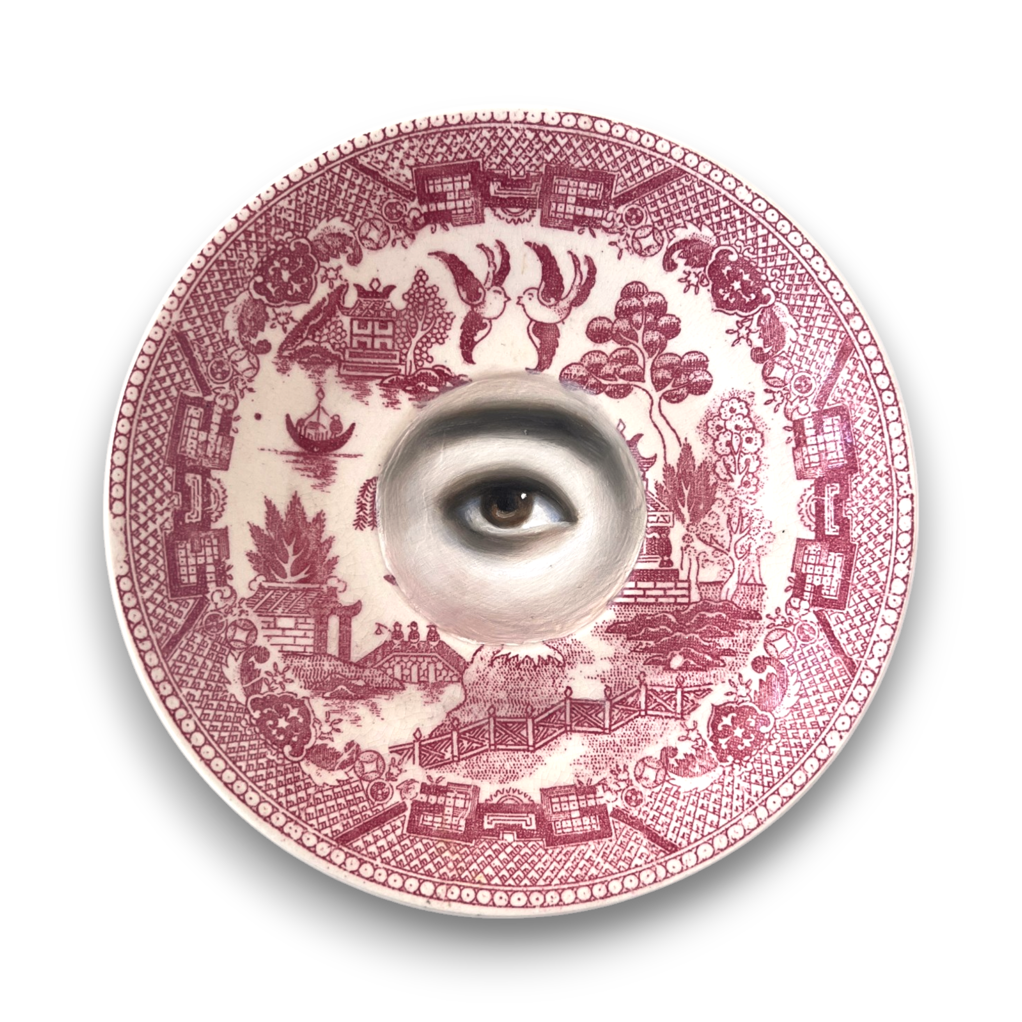 No. 3168 Lover's Eye Painting on a Chinoiserie Red Willow Plate