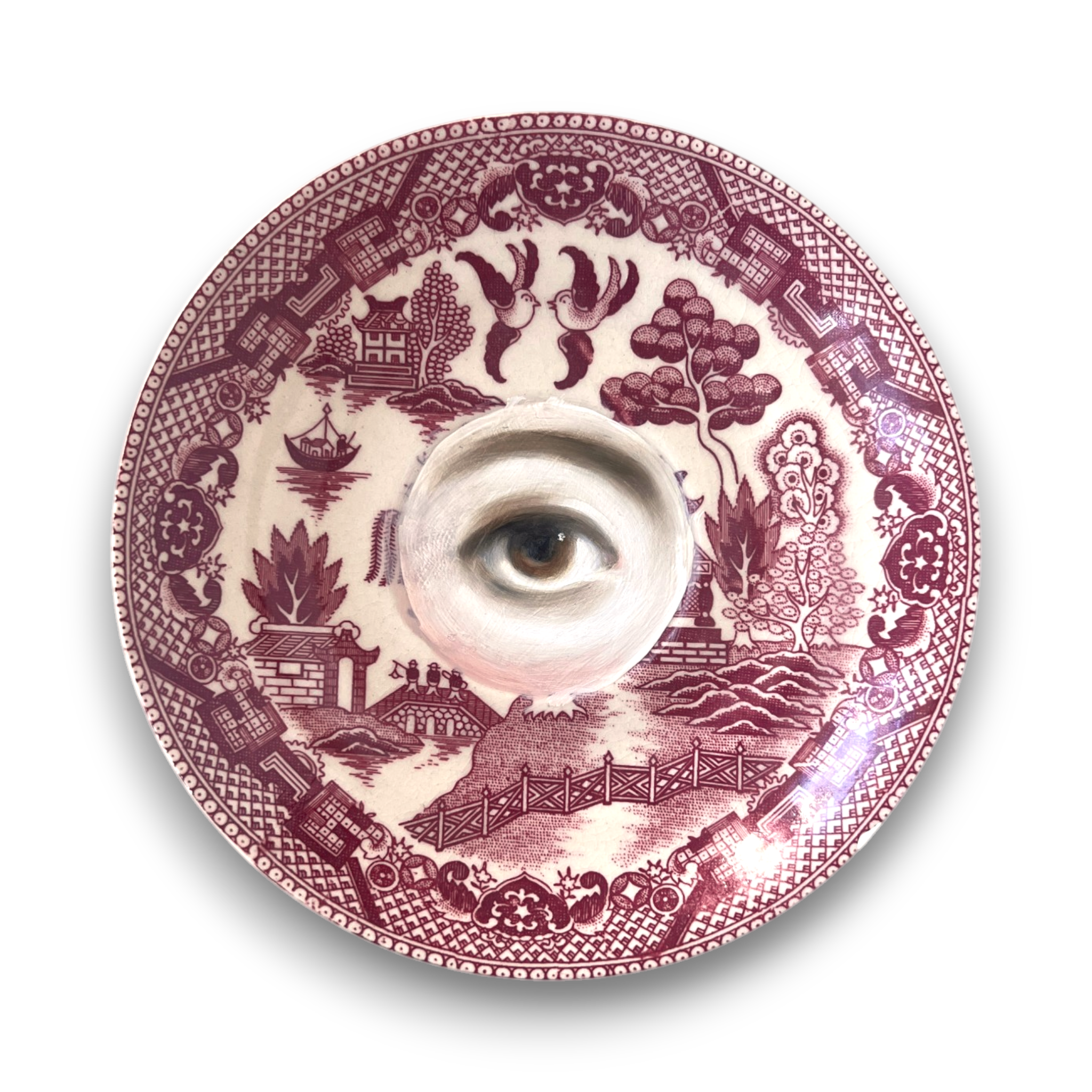 No. 3170 Lover's Eye Painting on a Chinoiserie Red Willow Plate