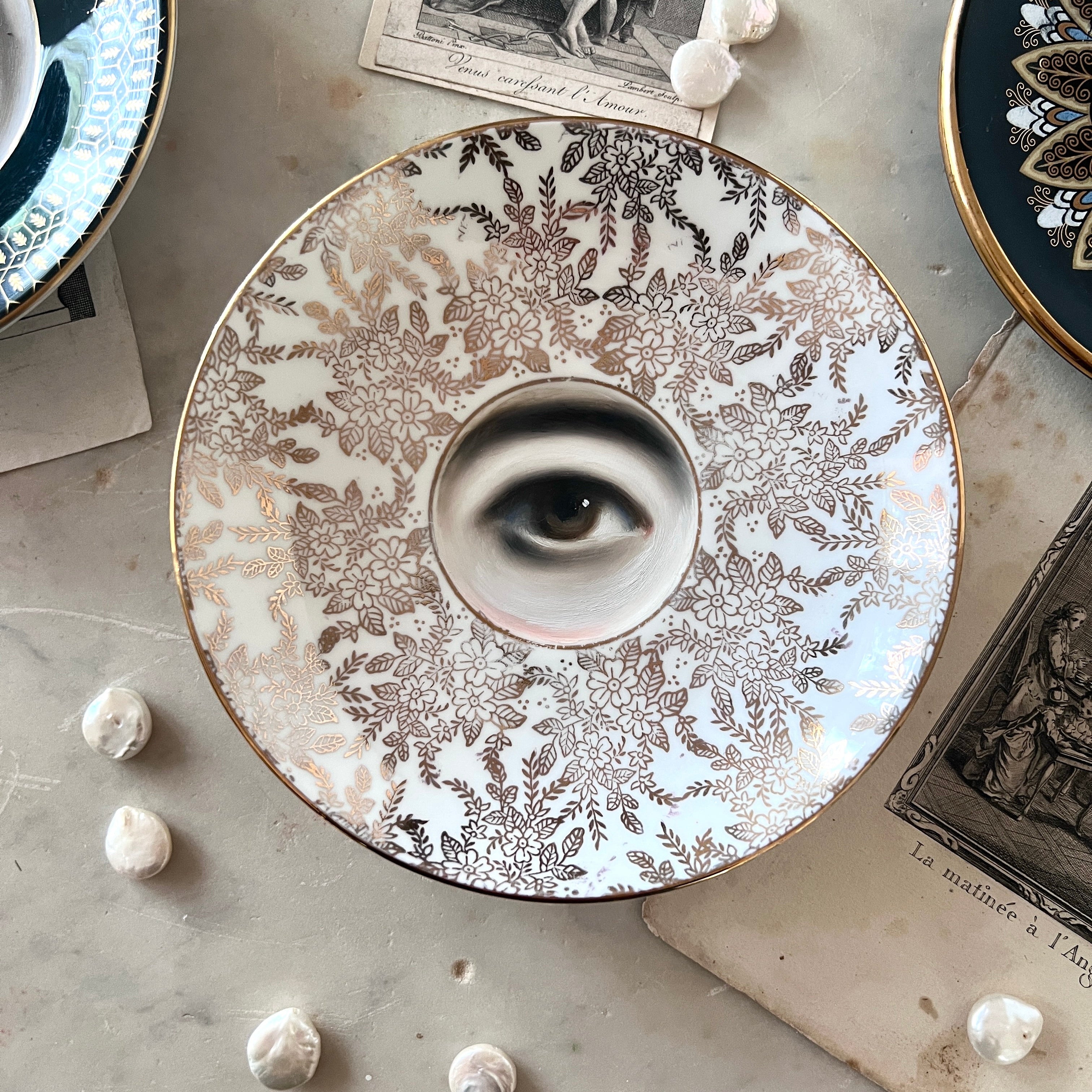 No. 3039 Lover's Eye Painting on a Gilt Botanical Plate