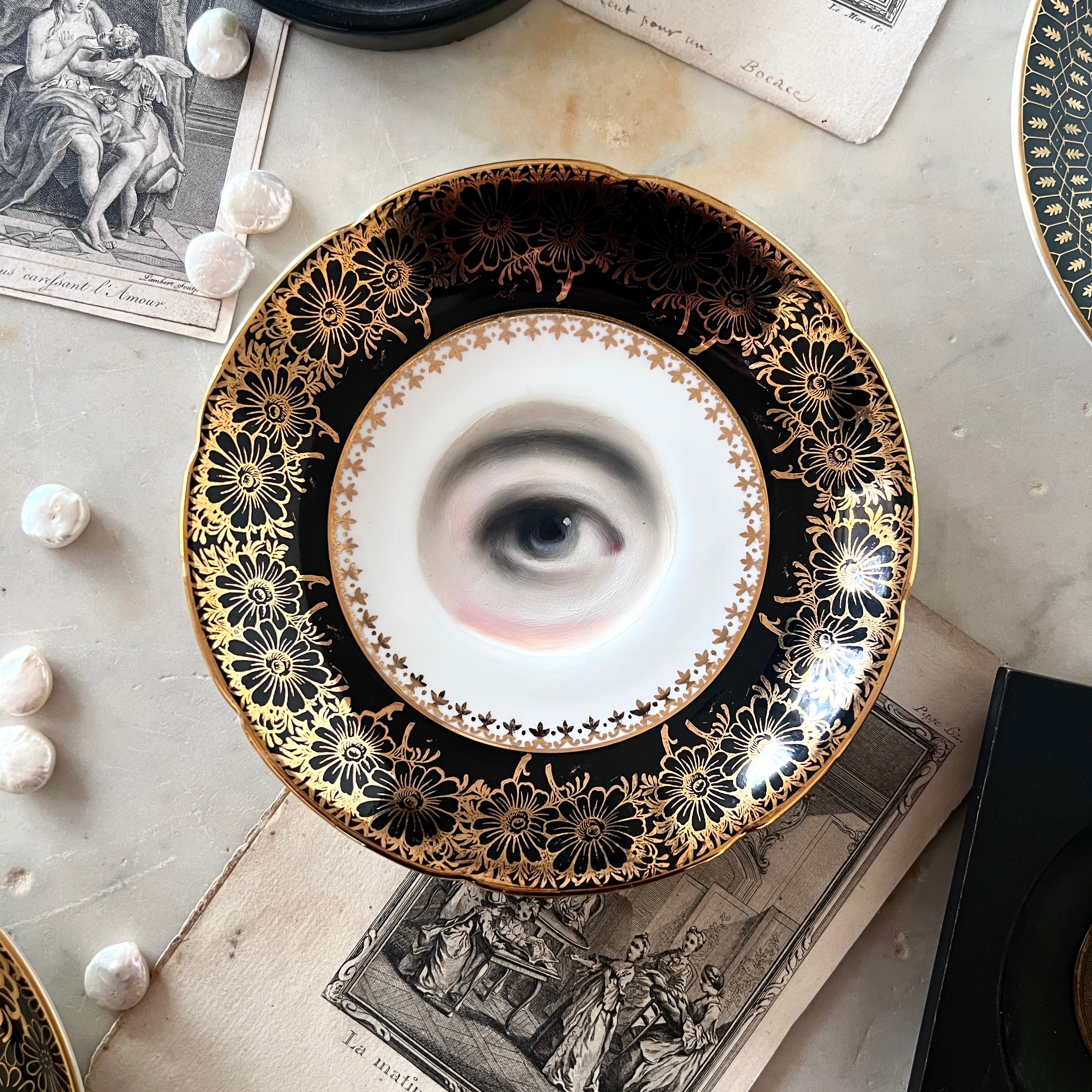No. 3035 Lover's Eye Painting on a Botanical Black & Gold Plate