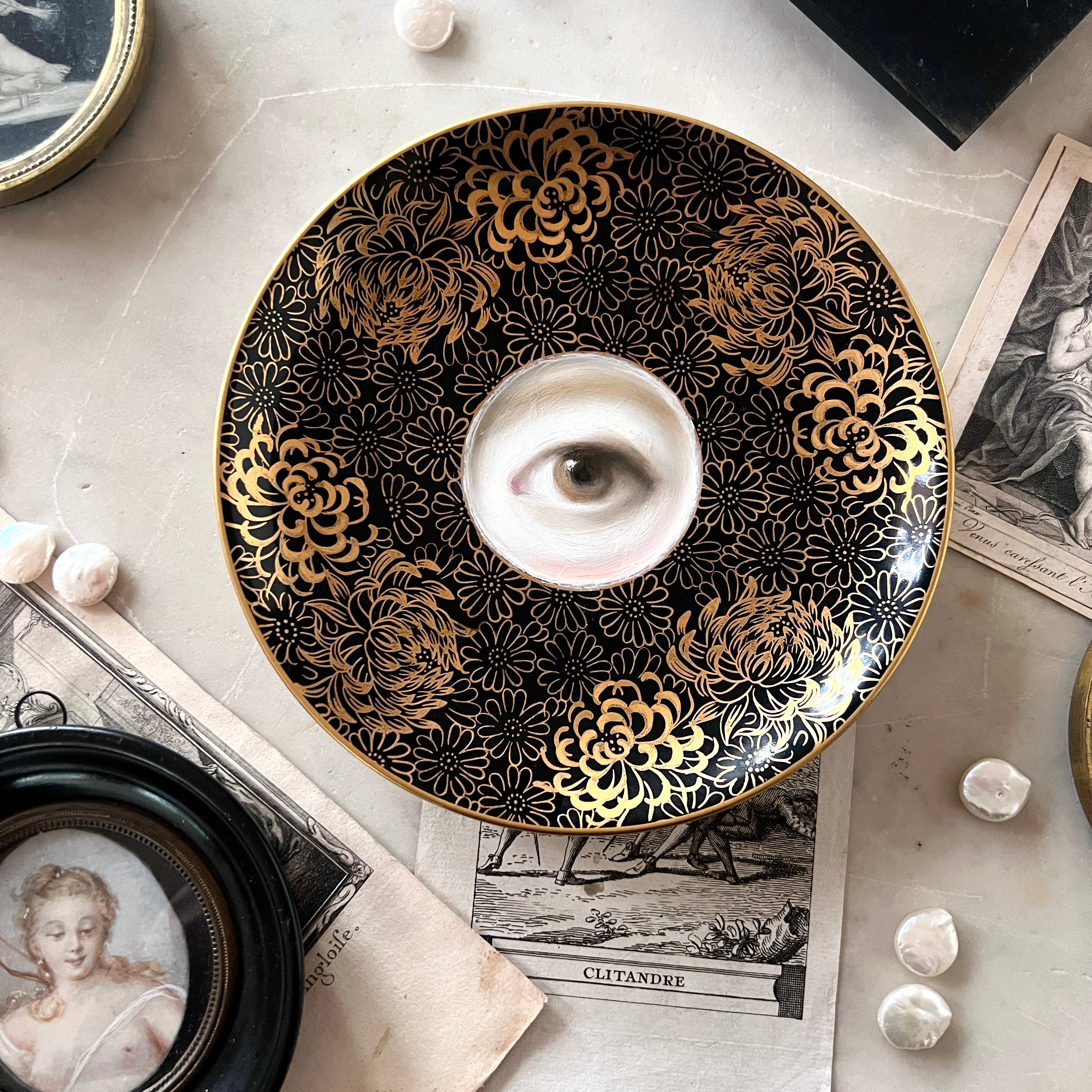 No. 3030 Lover's Eye Painting on a Botanical Black & Gold Plate