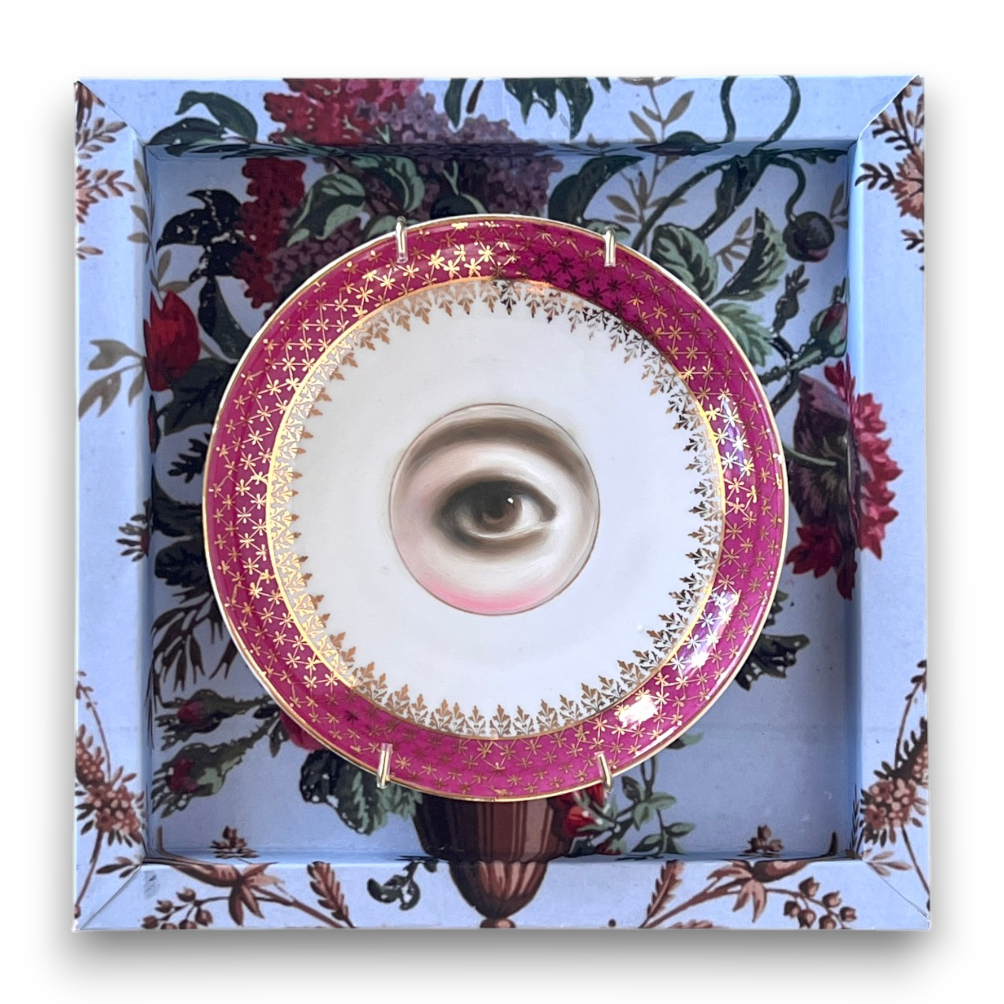 No. 3196 Lover's Eye Painting on an Antique Magenta and Gilt Plate