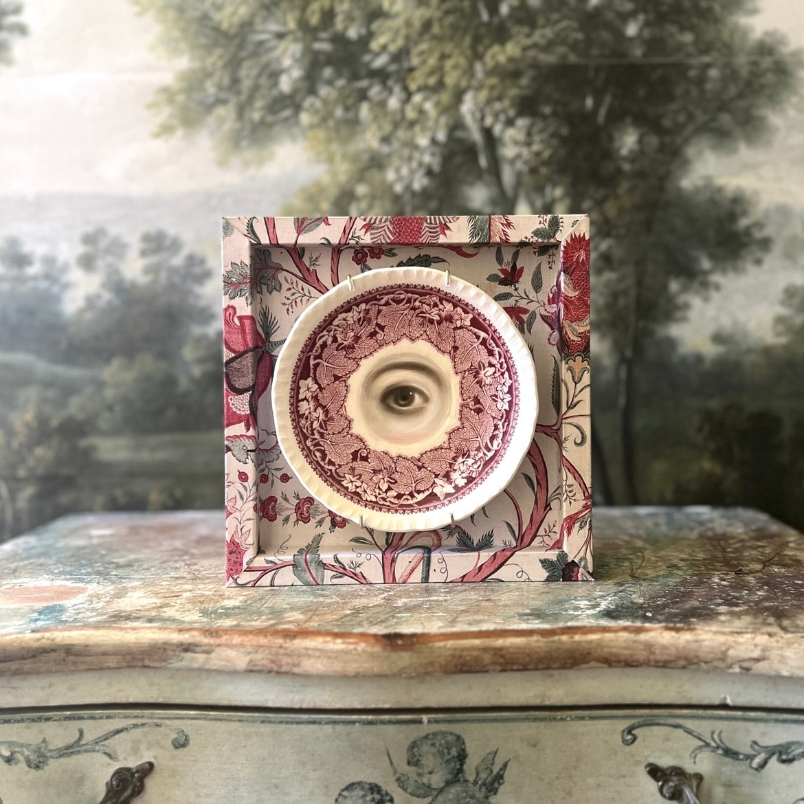 No. 3197 Lover's Eye Painting on an English Mason's Red Ivy Transferware Plate