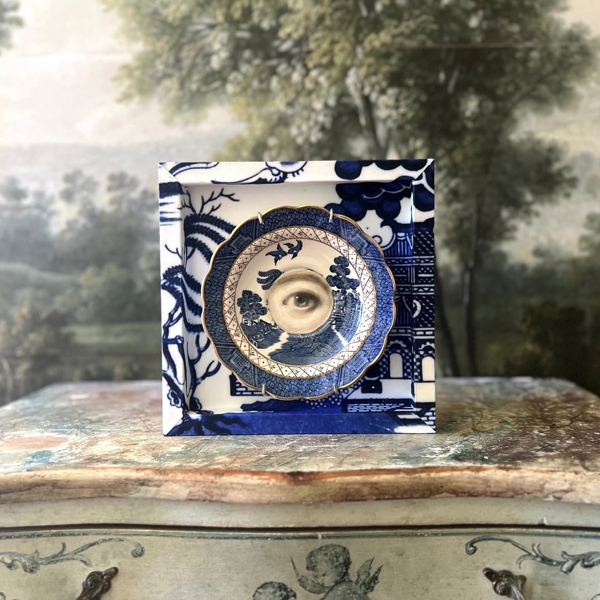 No. 3198 Lover's Eye Painting on a Royal Doulton Chinoiserie Blue Willow Plate