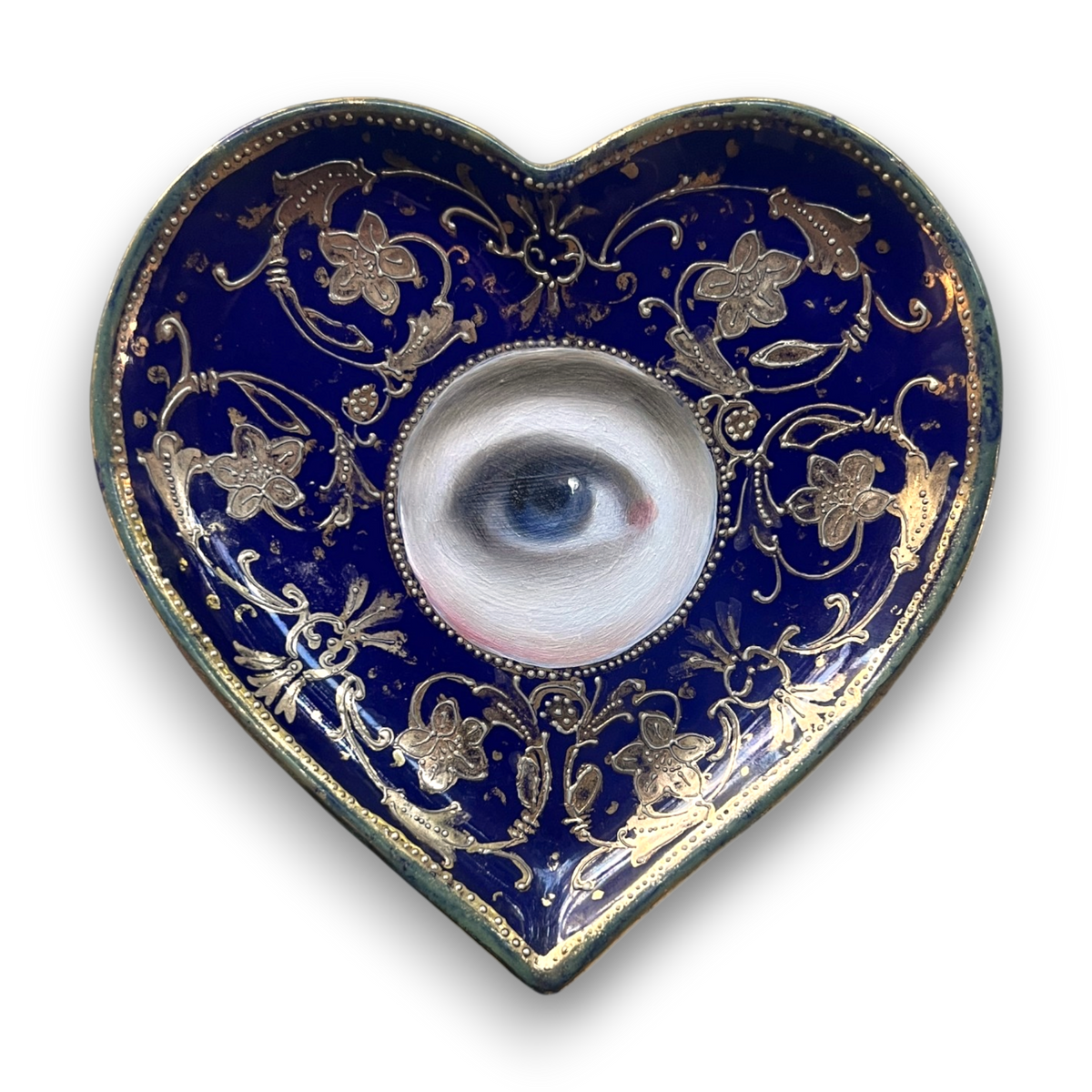 No. 3898 Lover's Eye Painting on a Cobalt & Gold Heart Plate