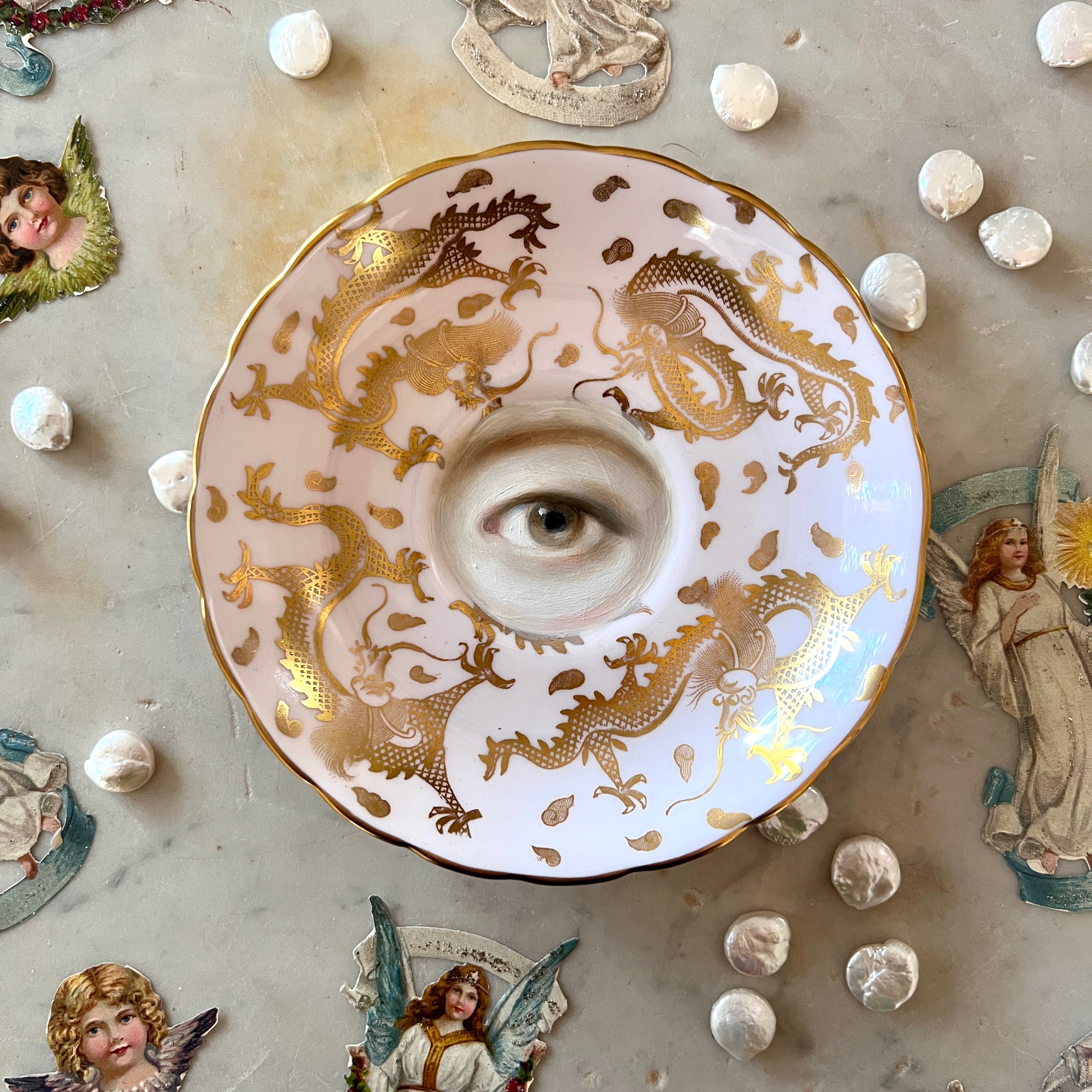 No. 3092 Lover's Eye Painting on an English Pink Chinoiserie Plate