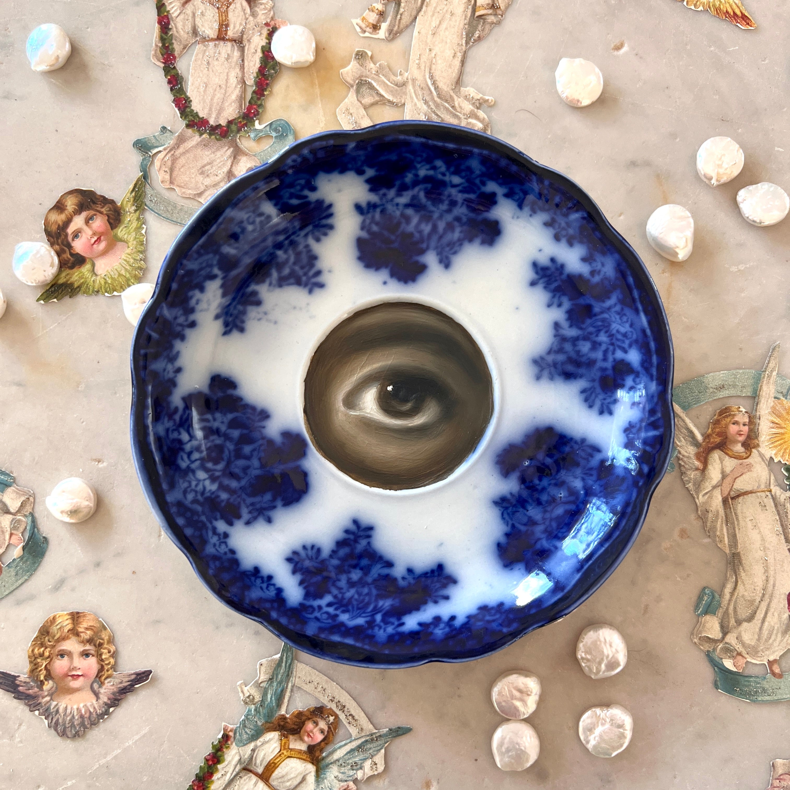 No. 3066 Lover's Eye Painting on an English Art Nouveau Blue & White Plate