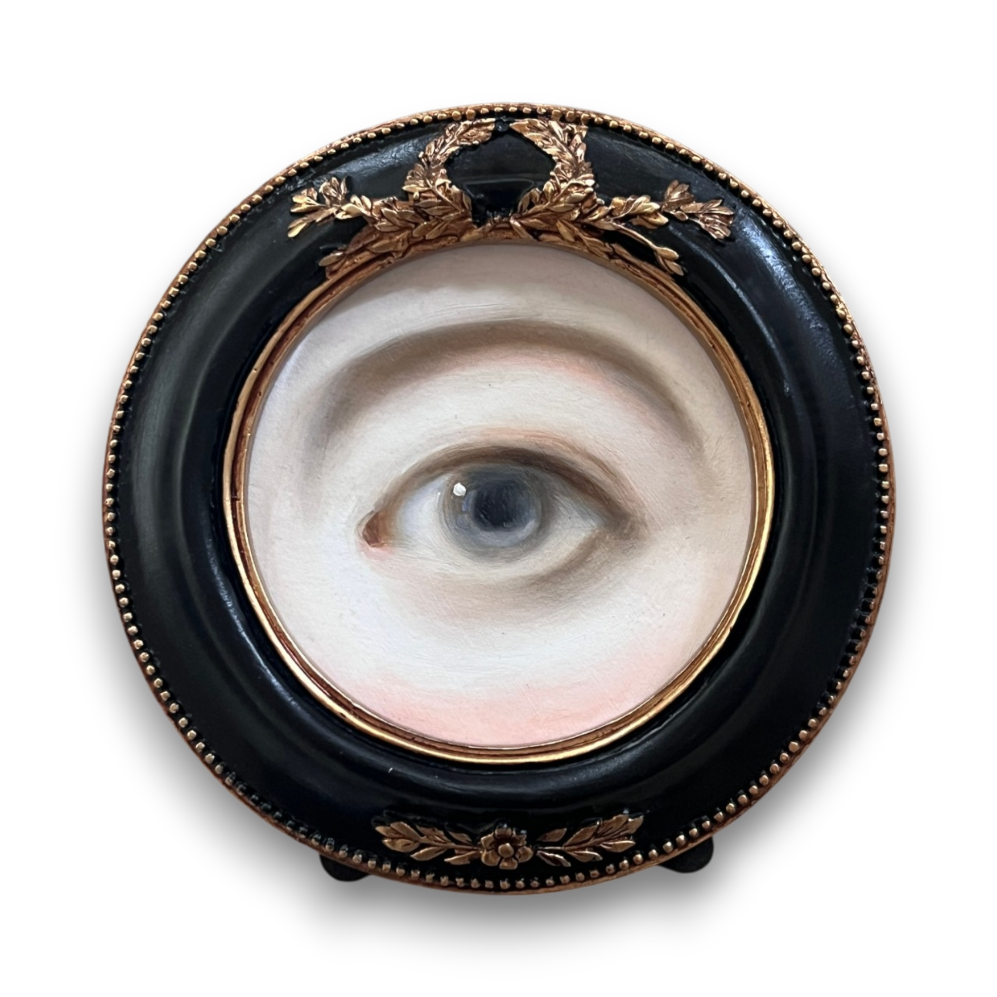 No. 3284 Lover's Eye Painting in a Black and Gold Round Neoclassical Frame