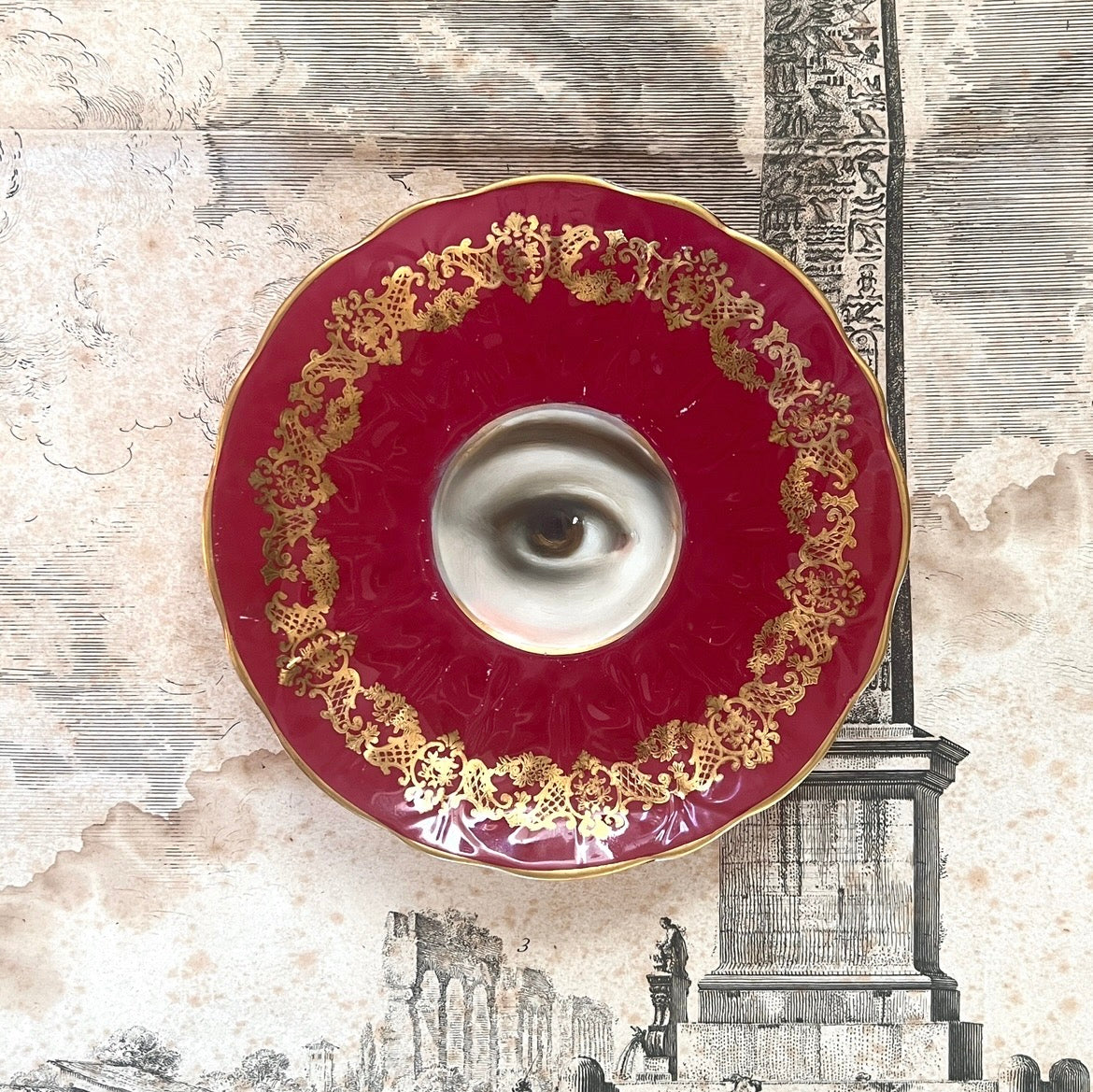 No. 3292 Lover's Eye Painting on an English Wine Red Plate