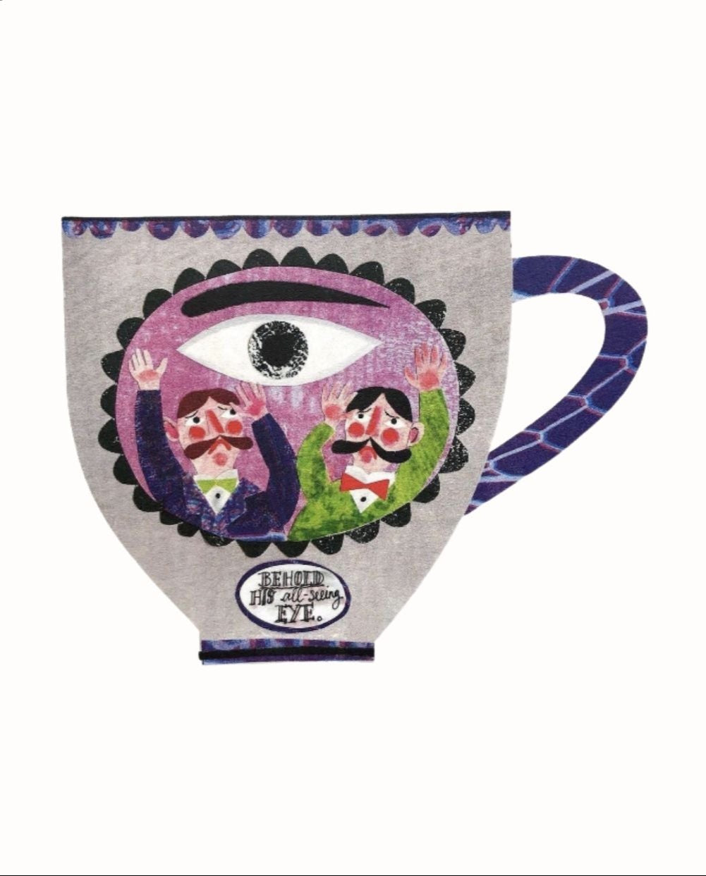 Collage art piece titled 'The Collage Eye' by Marion Elliot, featuring a cup with an eye design.
