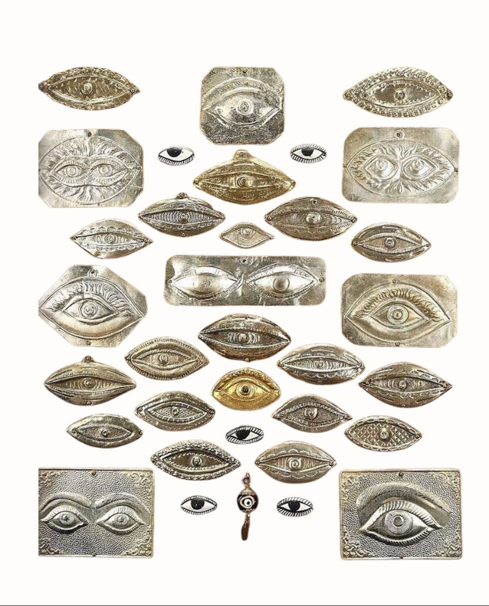Collection of silver eye-shaped amulets with descriptive text on a white background