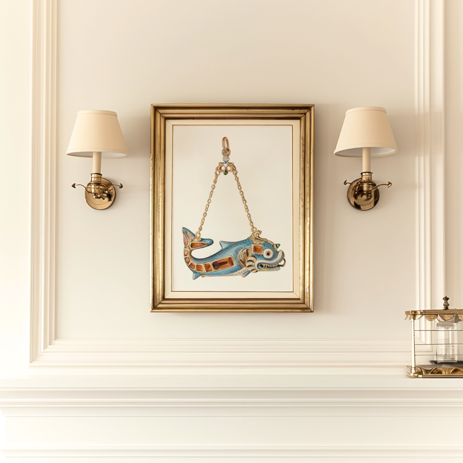 No. 4 Framed Baroque Pearl Jewelry Watercolor Archival Print: Dragon Dolphin