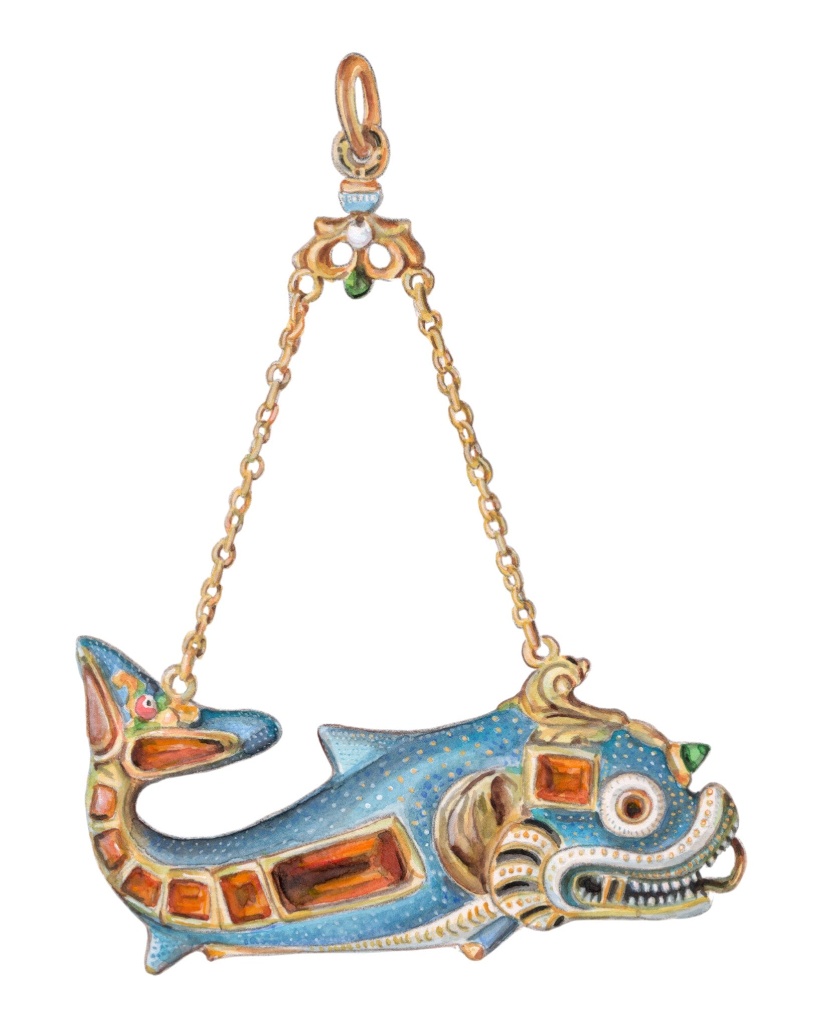 No. 4 Baroque Pearl Jewelry Watercolor Archival Print: Dragon Dolphin