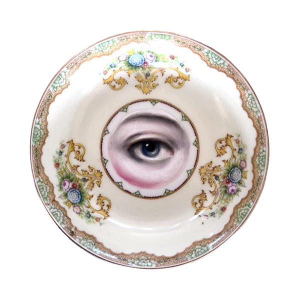 New! - Lover's Eye Painting on a Pale Yellow Floral Plate