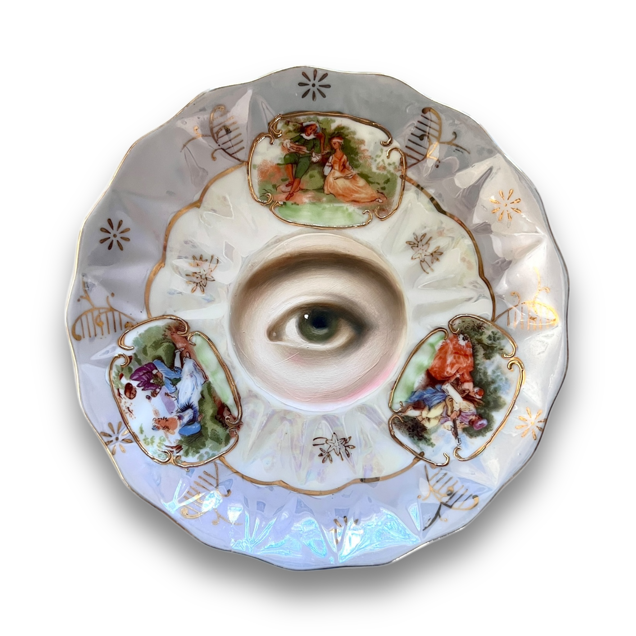 No. 2946 Lover's Eye Painting on a Pearl Luster Plate with 18th-Century Courting Scenes