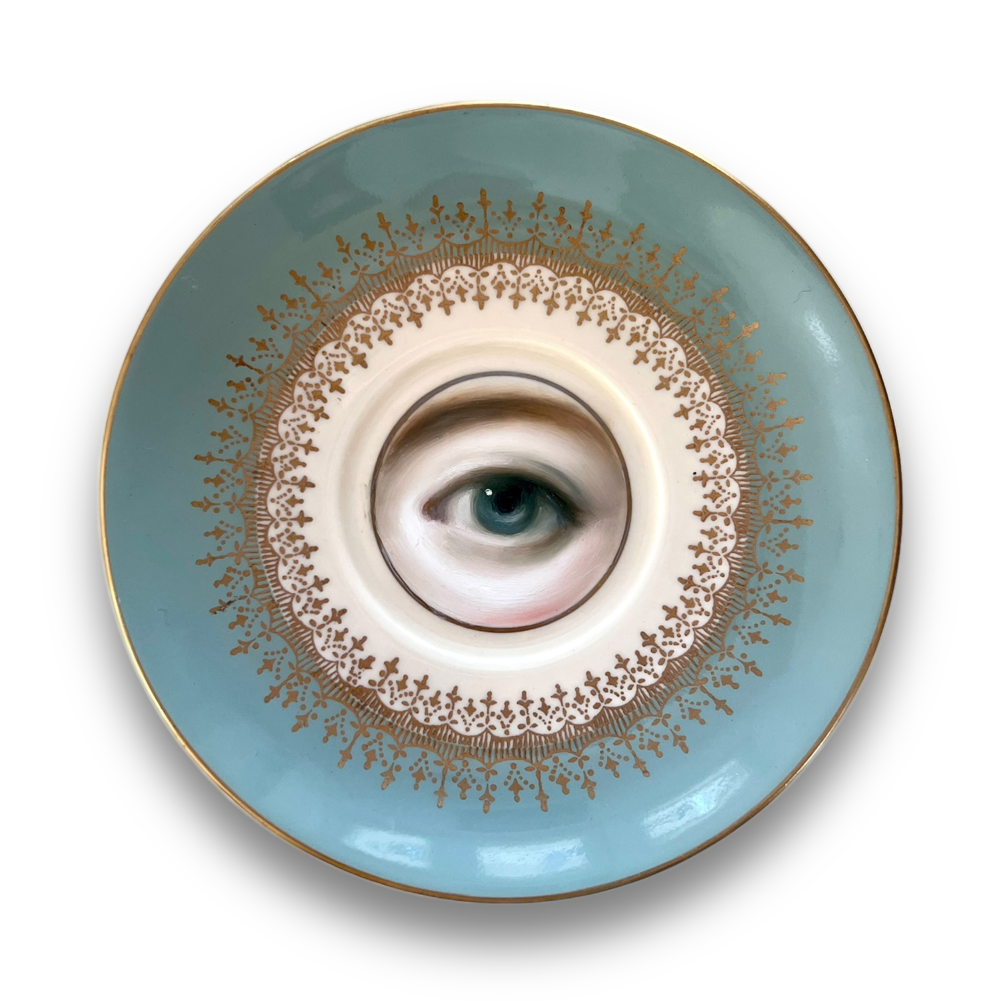 No. 2957 Lover's Eye Painting on an English "Elizabethan" Robin's Egg Blue Plate