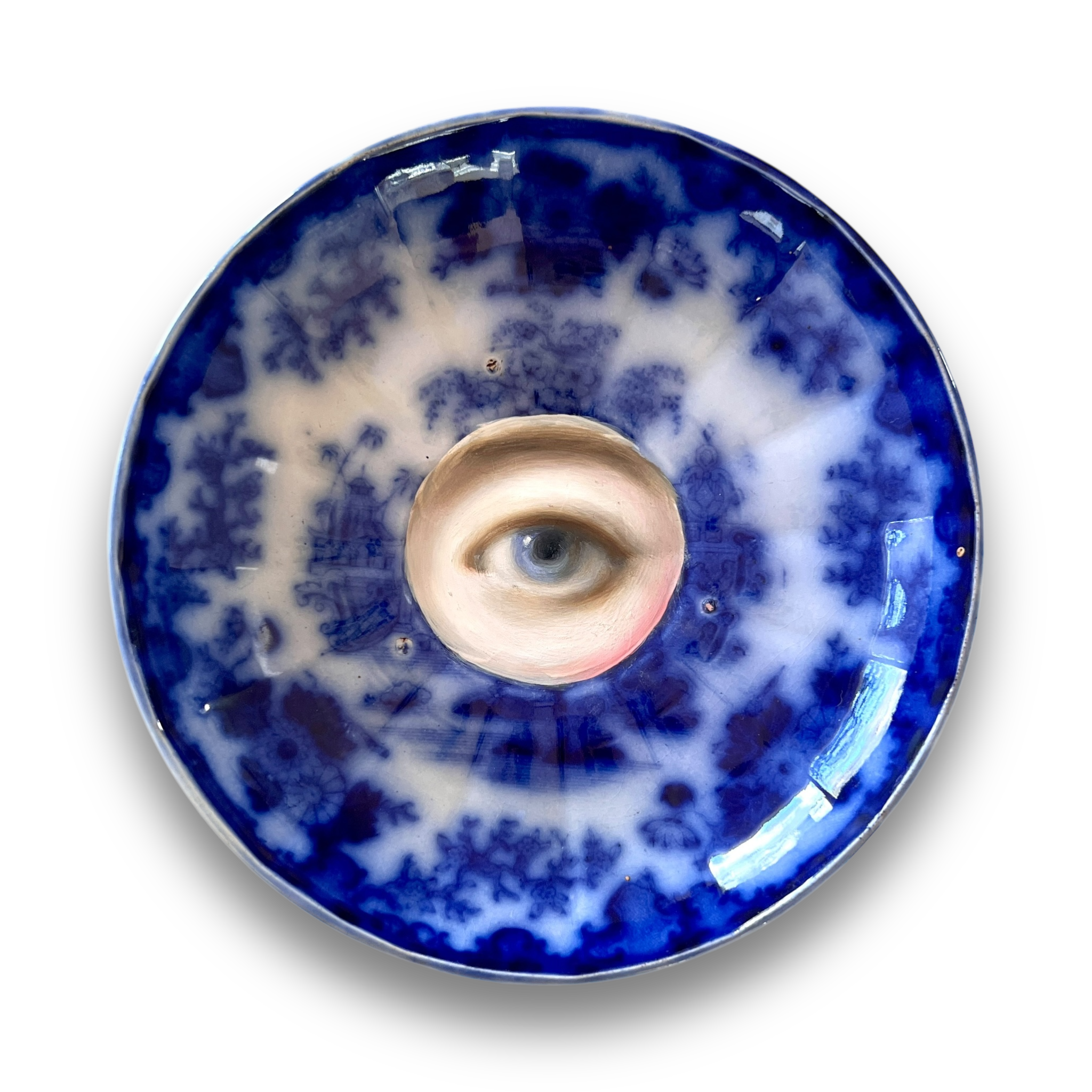 No. 3071 Lover's Eye Painting on an English Victorian Blue & White Plate