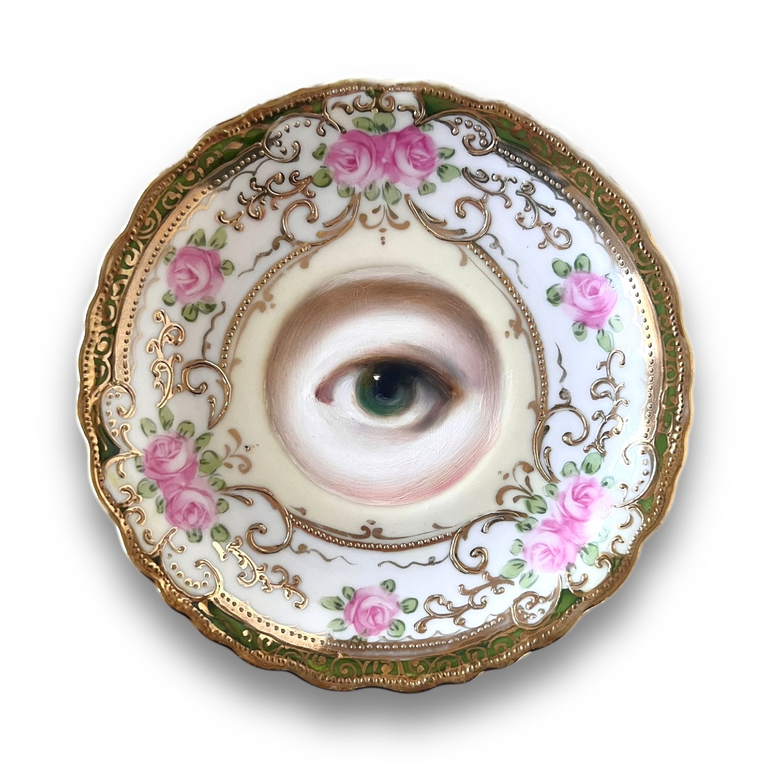 No. 2768 Lover's Eye Painting on a Green and Gold Plate with Roses
