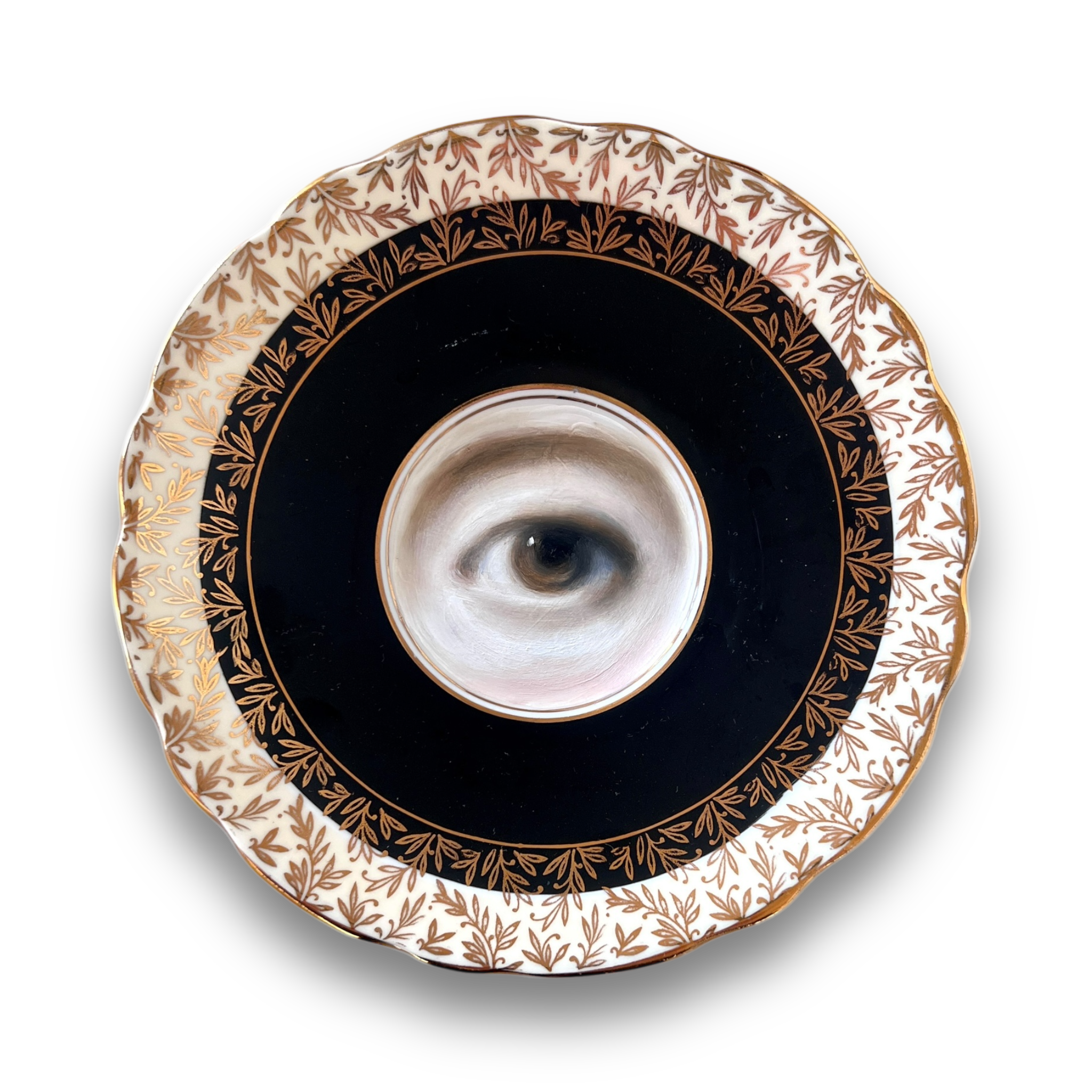 No. 3036 Lover's Eye Painting on a Foliate Black & Gold Plate