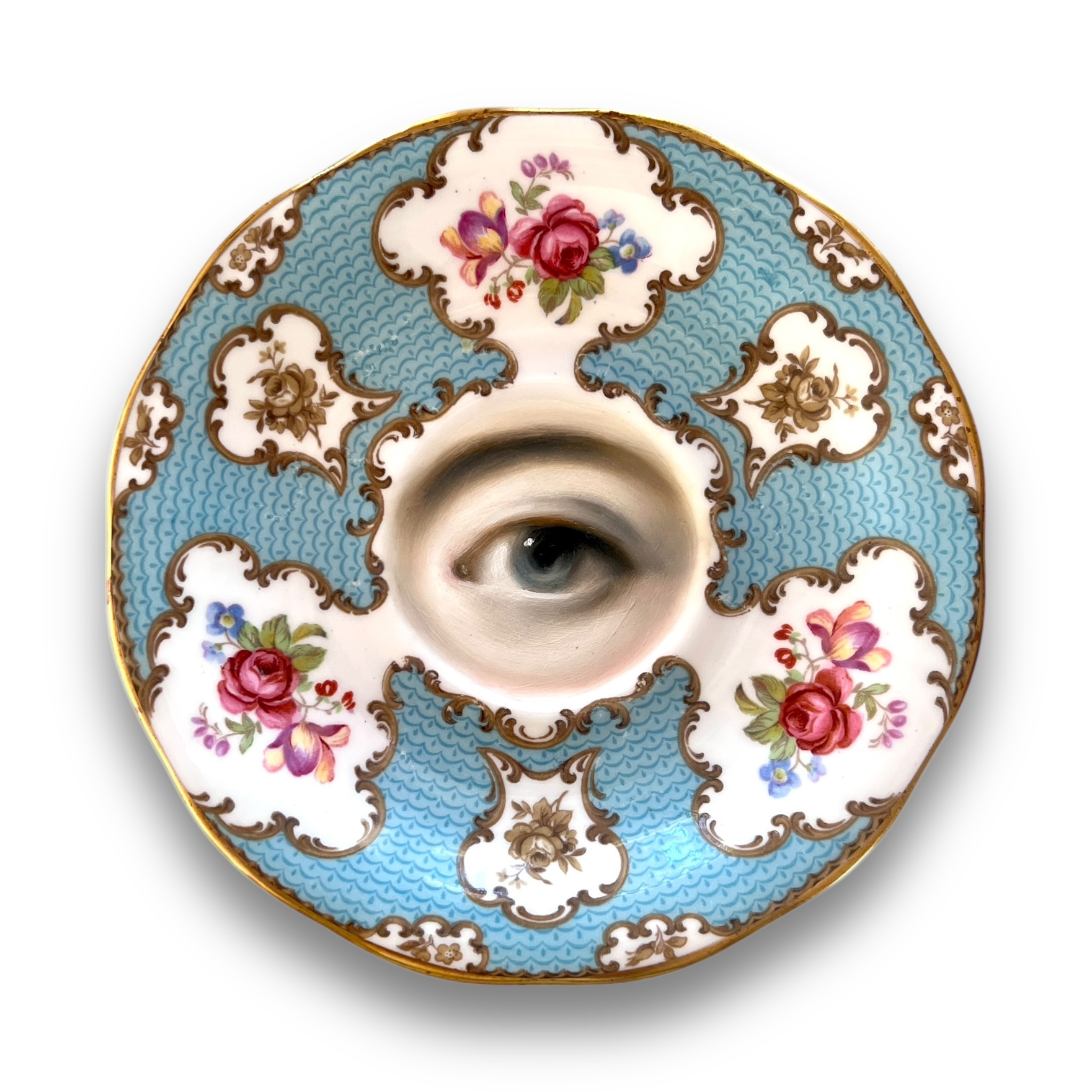No. 2954 Lover's Eye Painting on an English "Lady Eleanor" Blue Botanical Plate