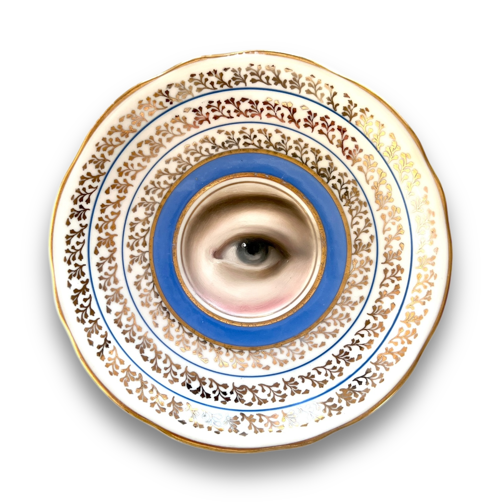 No. 2951 Lover's Eye Painting on an English Blue, Gold, and White Botanical Plate
