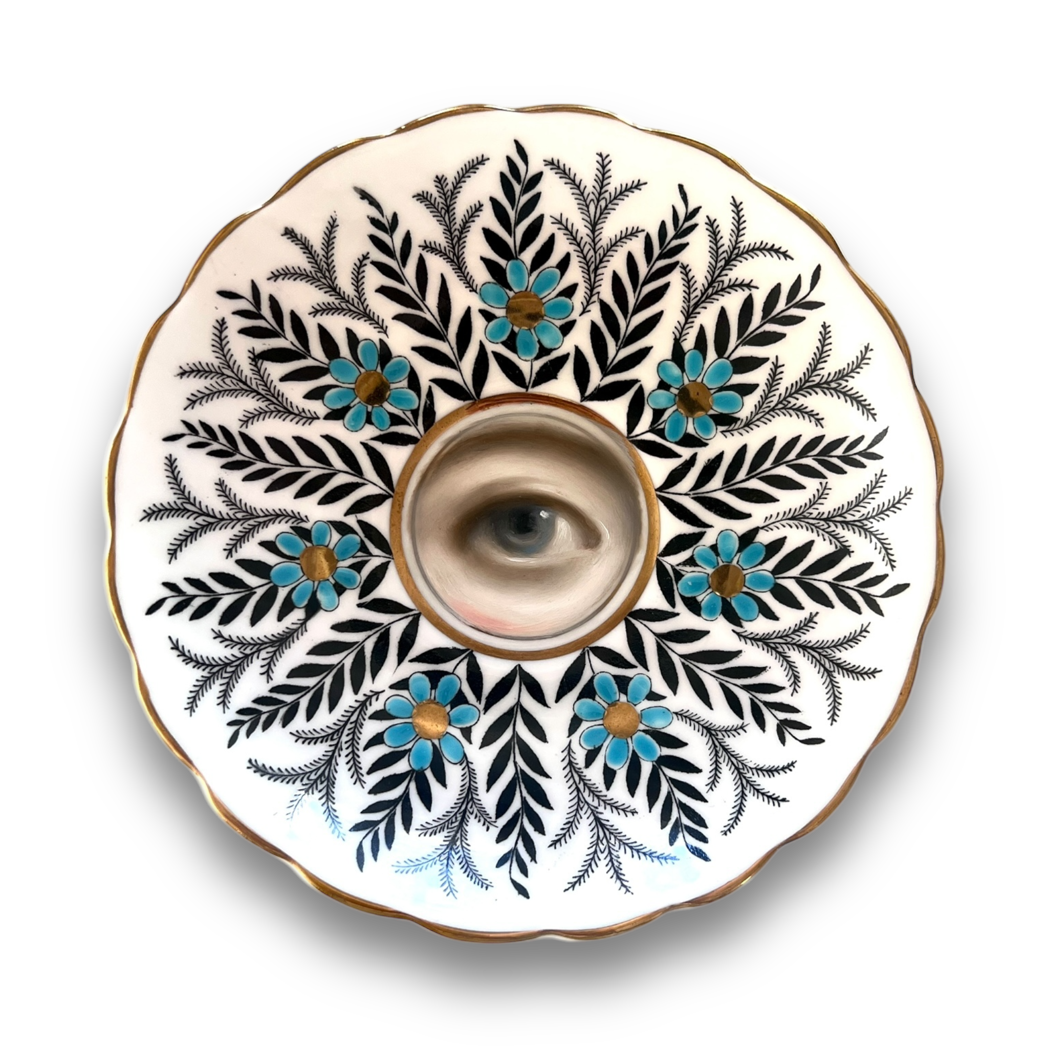 No. 2952 Lover's Eye Painting on an English Blue and Black Botanical Plate