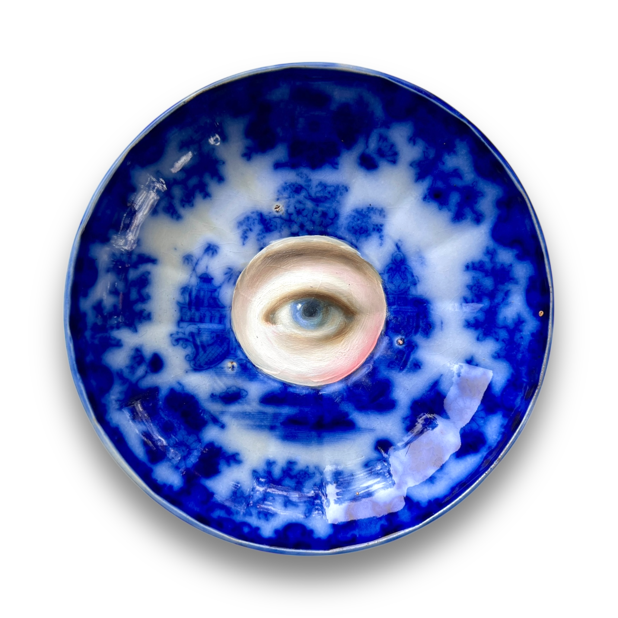 No. 3071 Lover's Eye Painting on an English Victorian Blue & White Plate