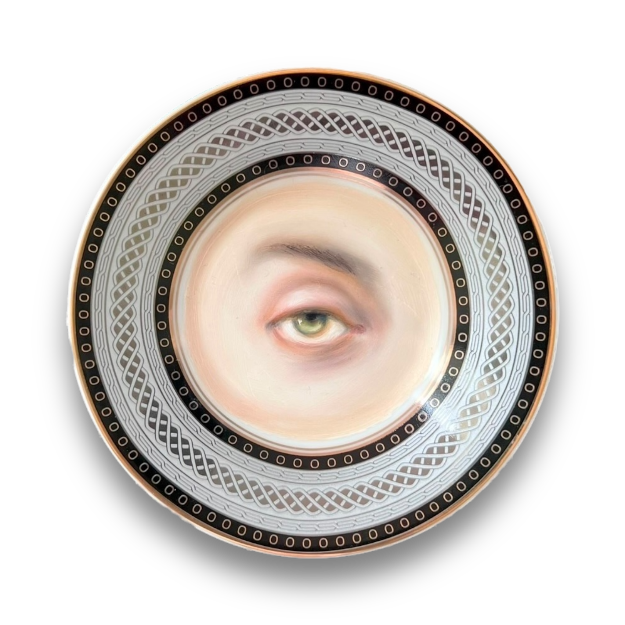 No. 2908 Lover's Eye Painting of Salman Rushdie on a Black, Silver, & Gold Plate