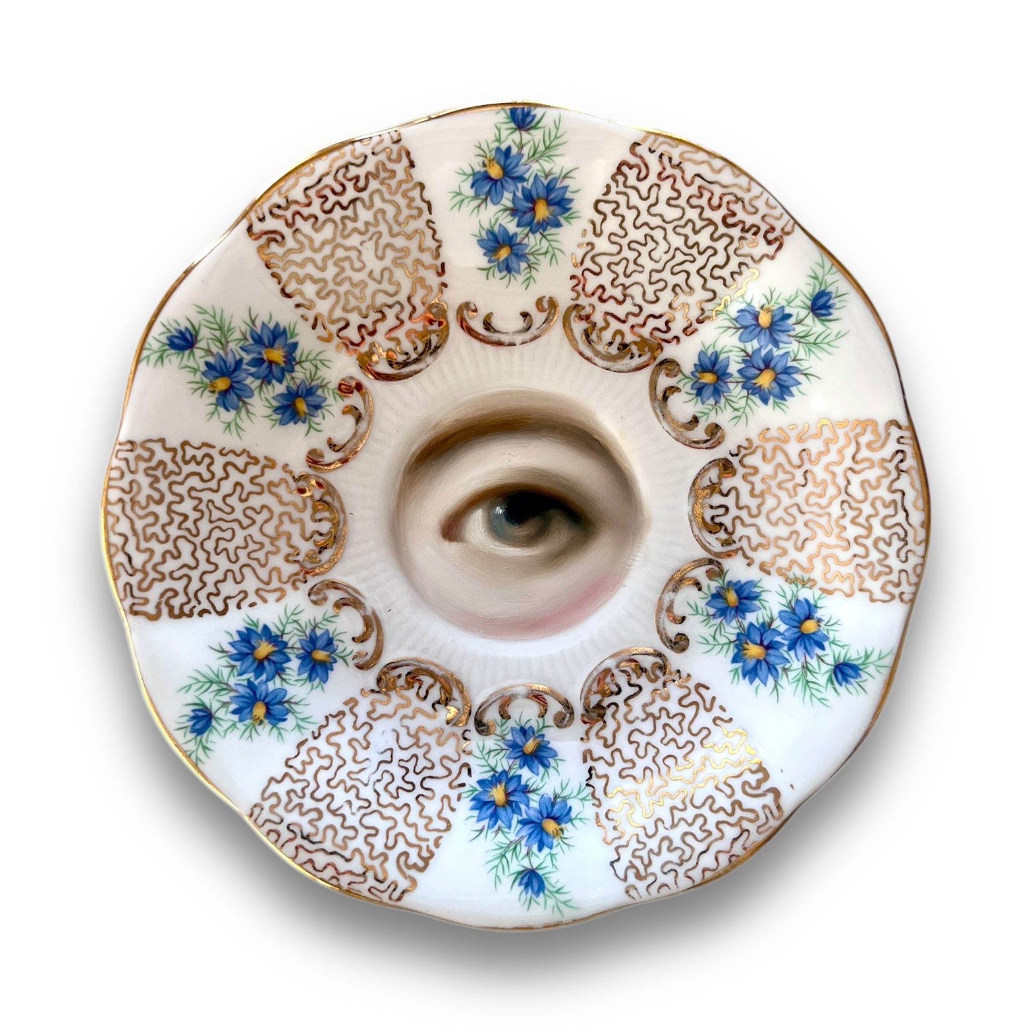 No. 2953 Lover's Eye Painting on an English Blue and Gold Botanical Plate