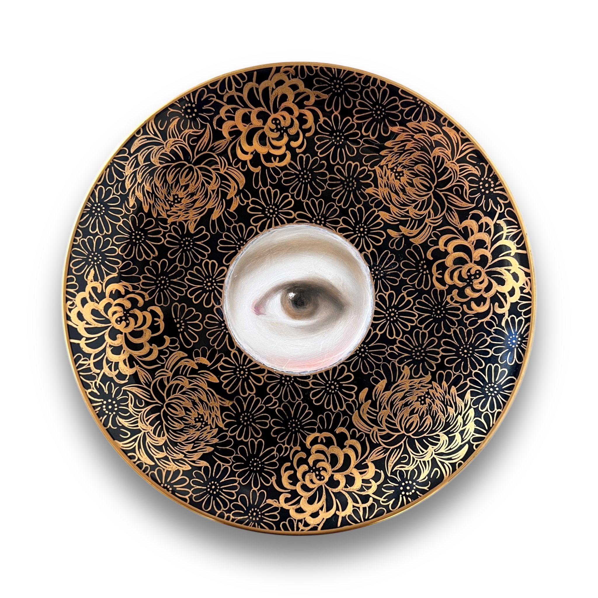 No. 3030 Lover's Eye Painting on a Botanical Black & Gold Plate