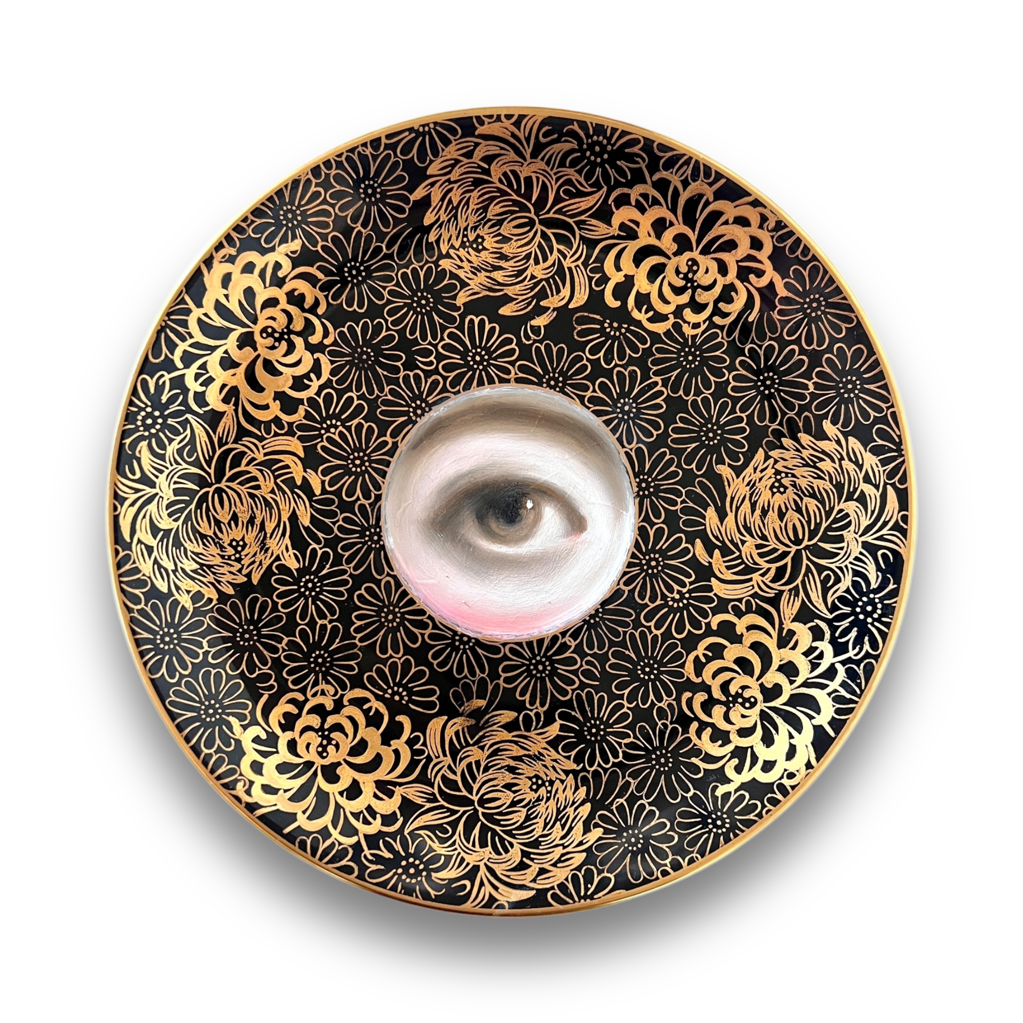 No. 3031 Lover's Eye Painting on a Botanical Black & Gold Plate