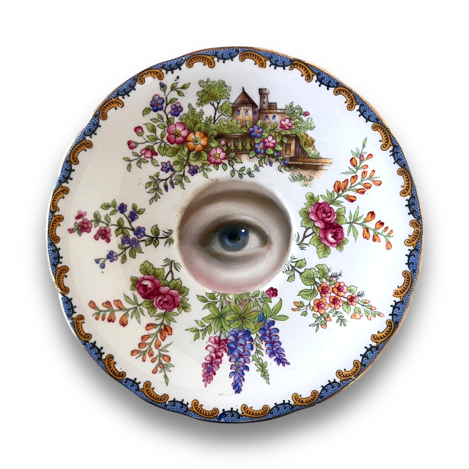 No. 2964 Lover's Eye Painting on an English Botanical Plate with a Castle