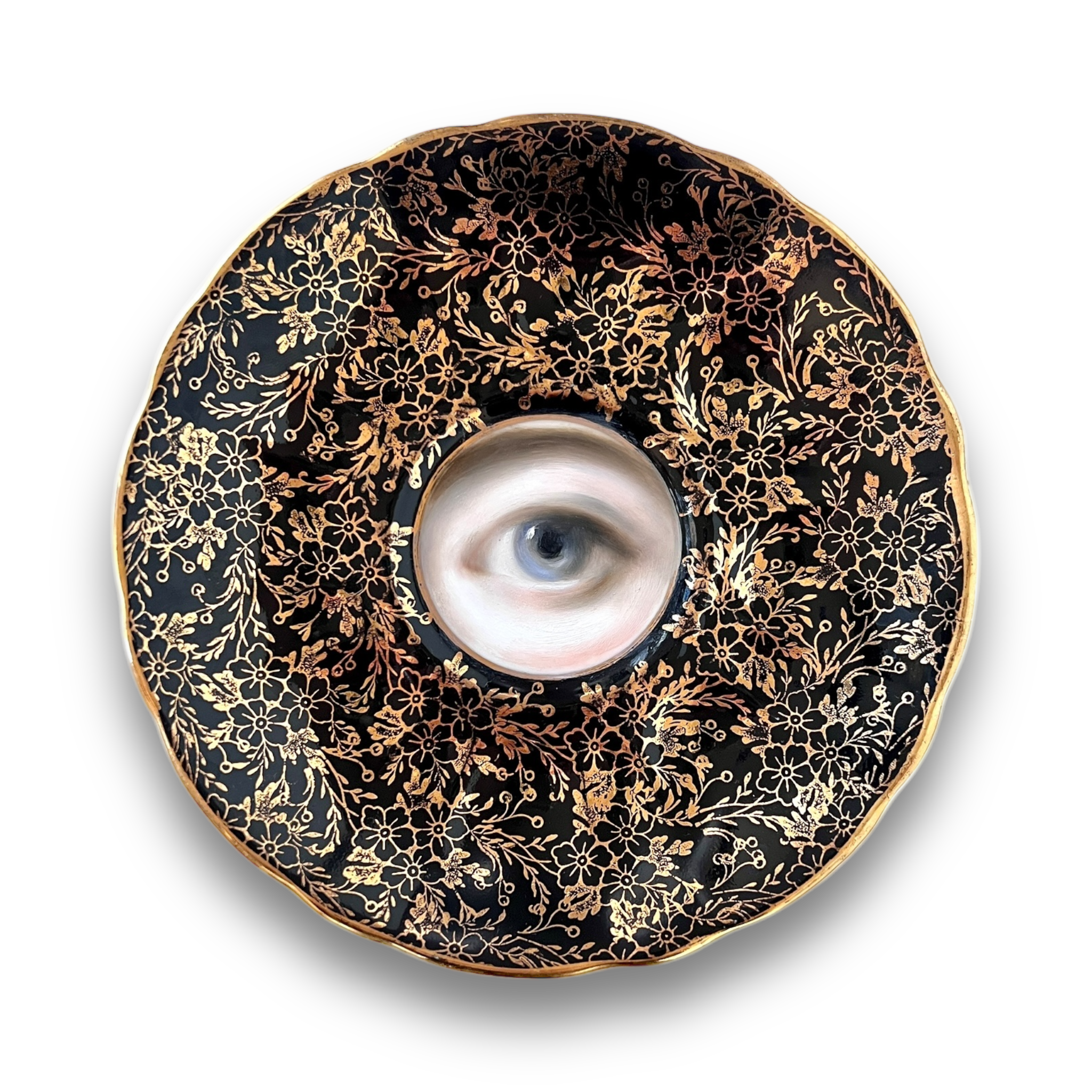 No. 3032 Lover's Eye Painting on a Botanical Black & Gold Plate