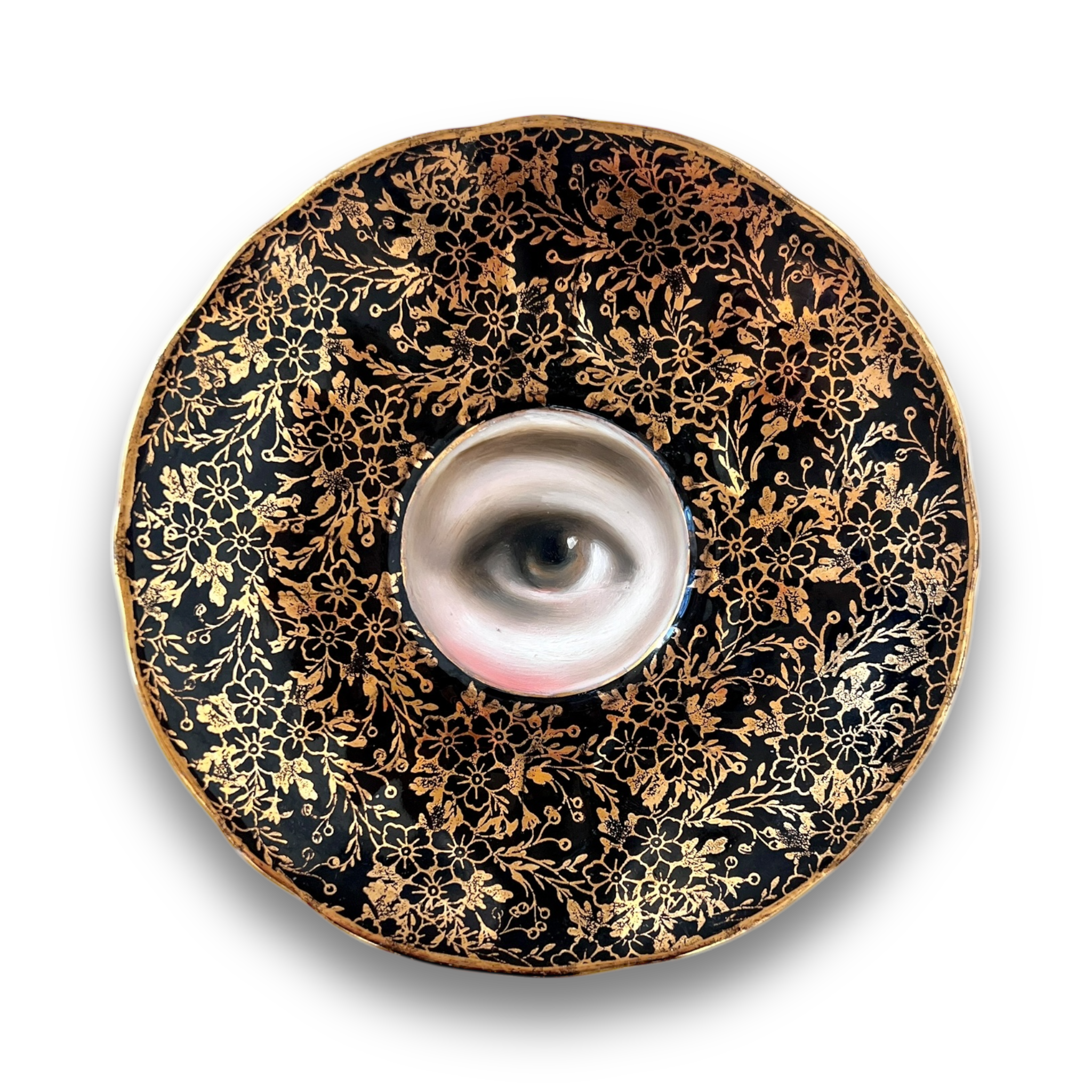 No. 3033 Lover's Eye Painting on a Botanical Black & Gold Plate