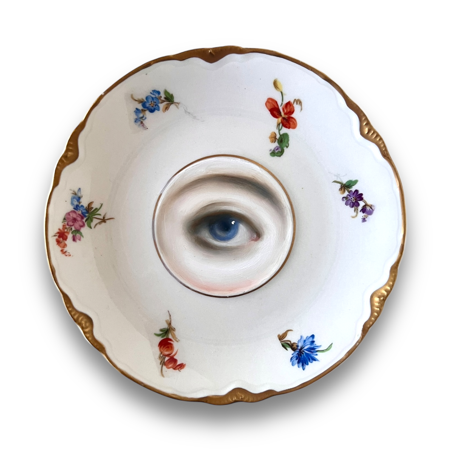 No. 2968 Lover's Eye Painting on a Botanical Plate with a Gold Border.