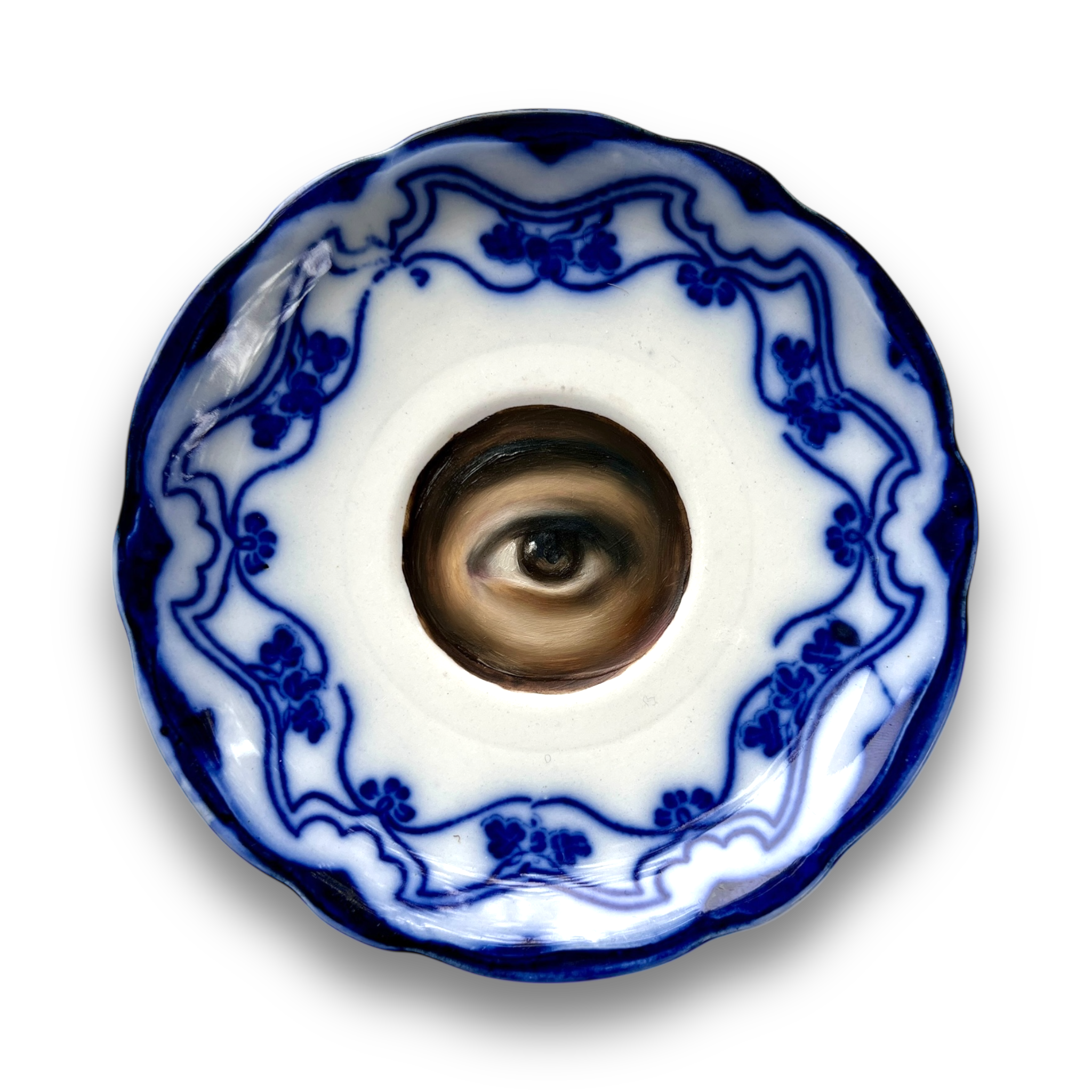 No. 3066 Lover's Eye Painting on an English Art Nouveau Blue & White Plate