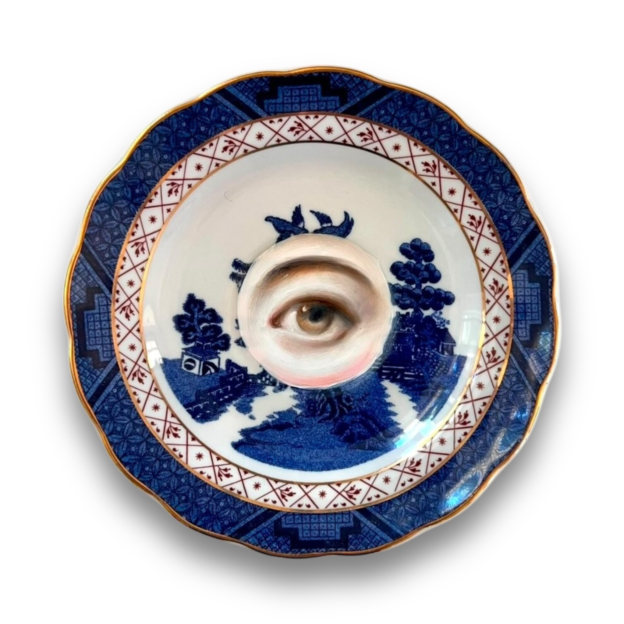 No. 2837 Lover's Eye Painting on a Royal Doulton Chinoiserie Blue Willow Plate