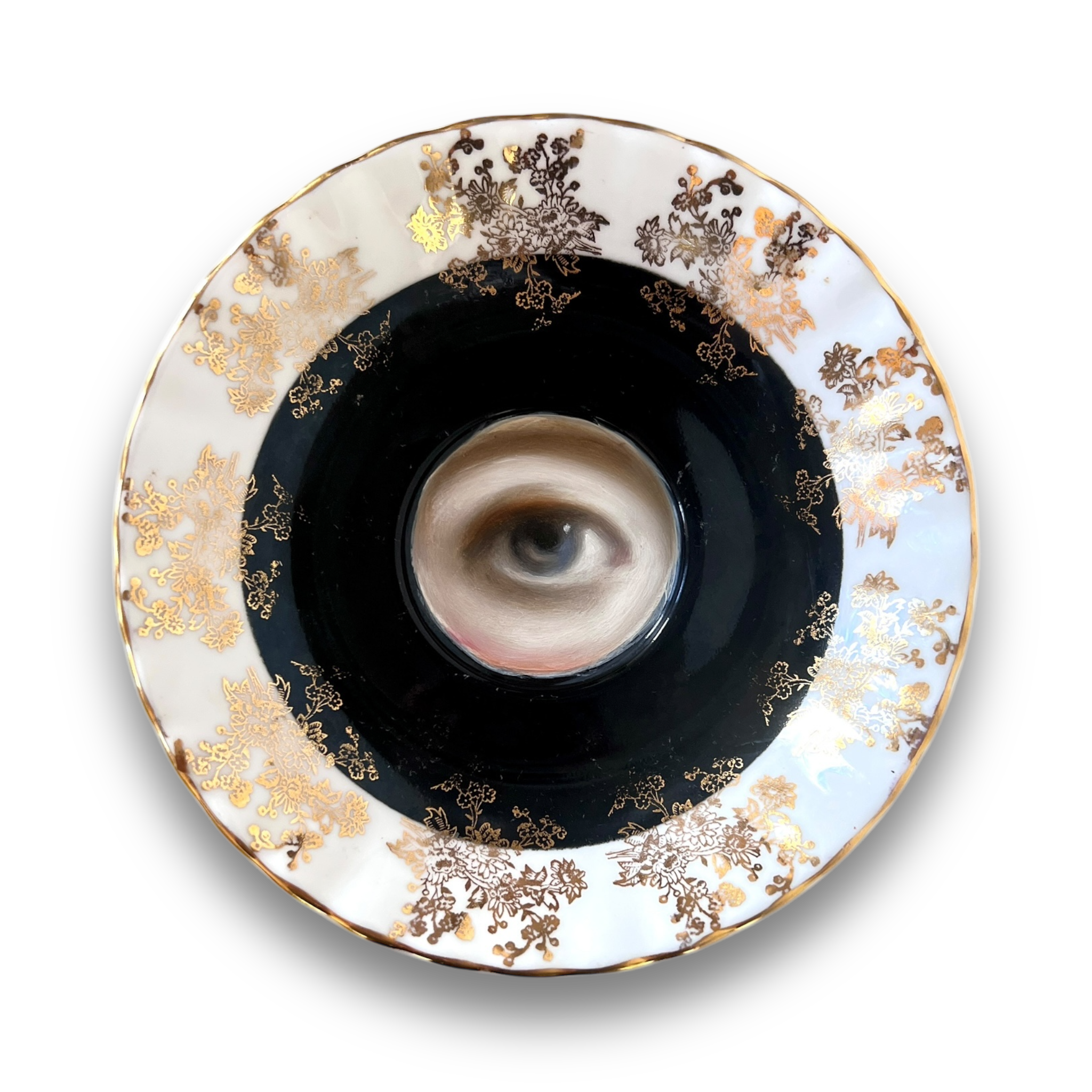 No. 3034 Lover's Eye Painting on a Botanical Black, Gold, & White Plate