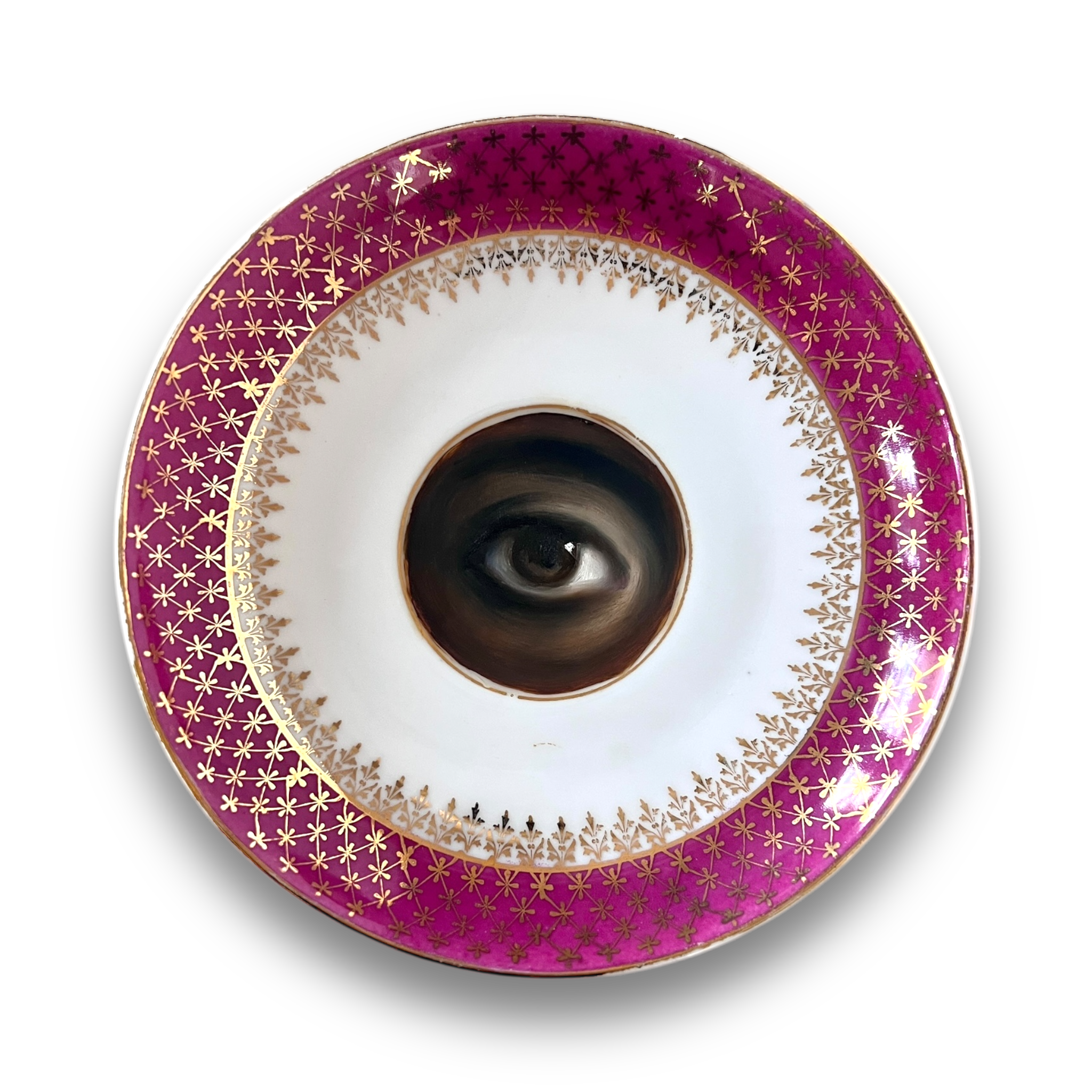 No. 3089 Lover's Eye Painting on a Magenta & Gilt Plate
