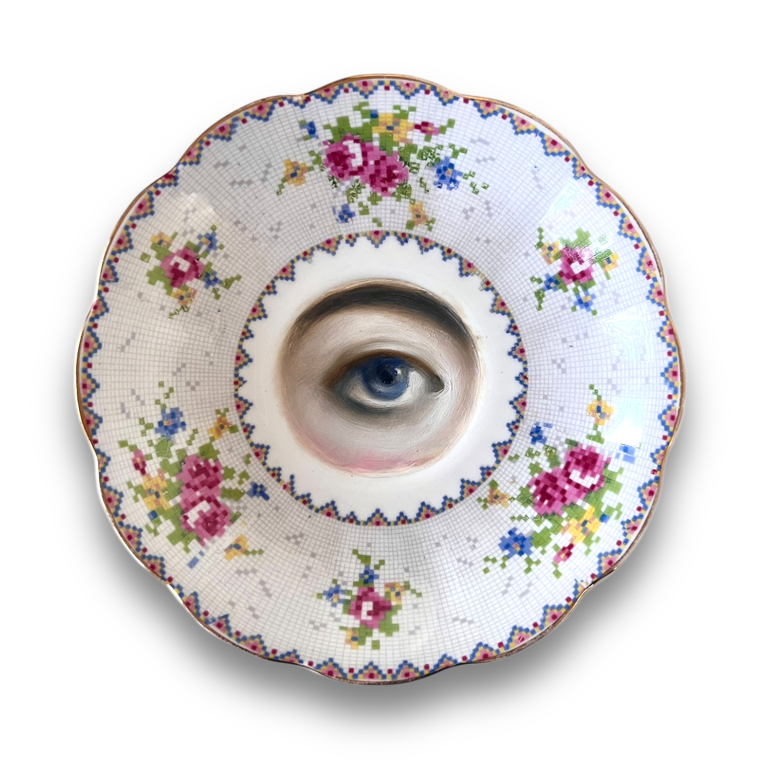 No. 2971 Lover's Eye Painting on an English Cross-Stitch Floral Plate