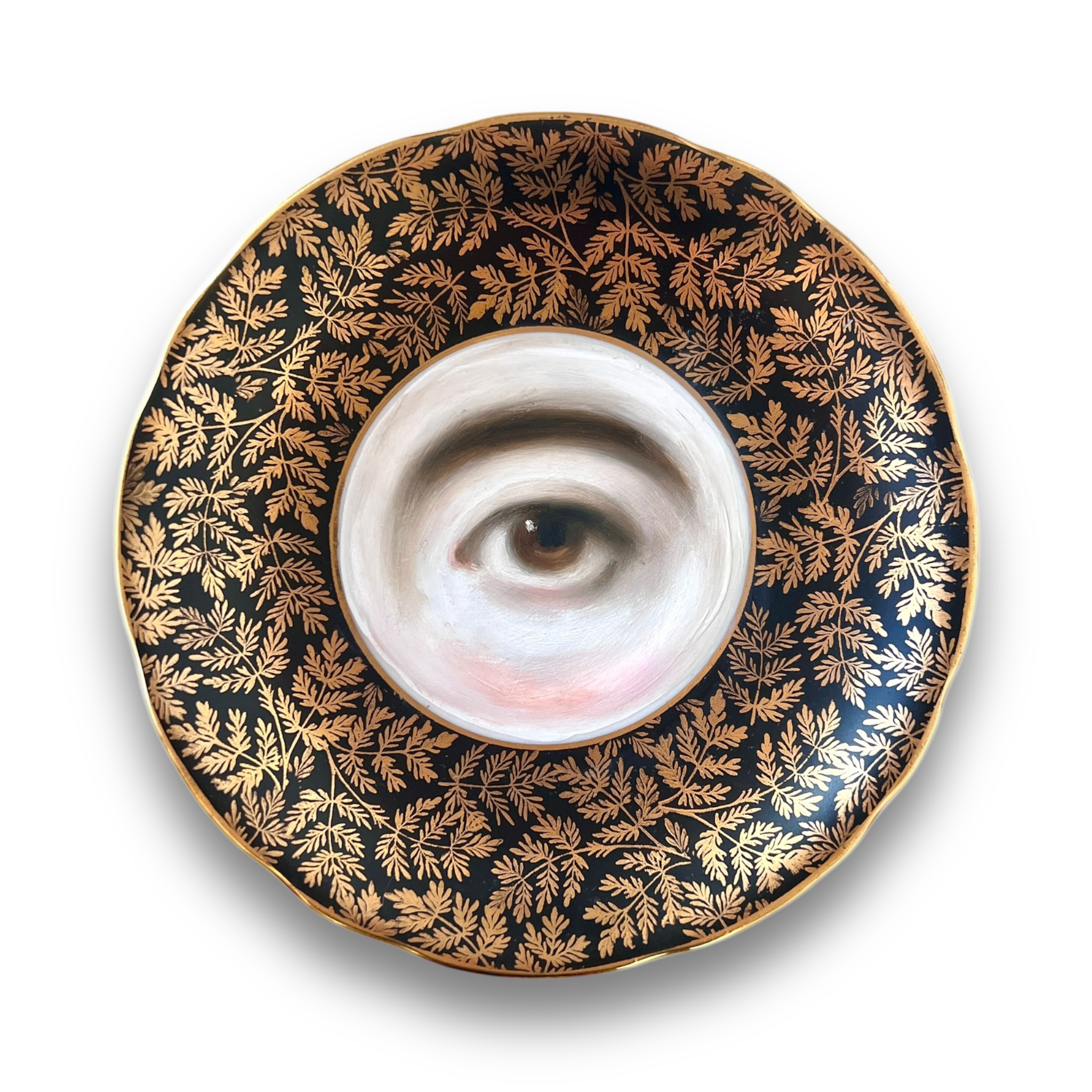 No. 3037 Lover's Eye Painting on a Black & Gold Foliate Plate