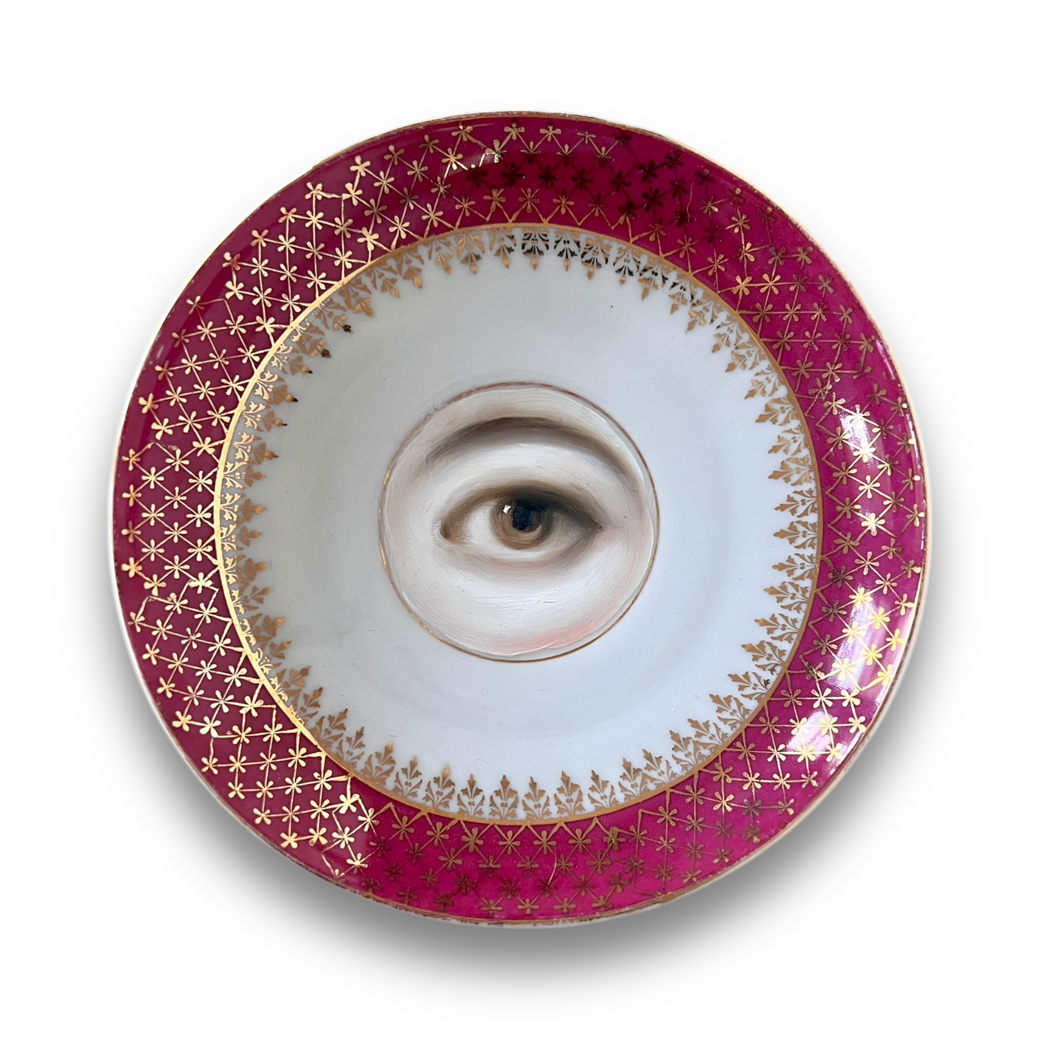 No. 3088 Lover's Eye Painting on a Magenta & Gilt Plate