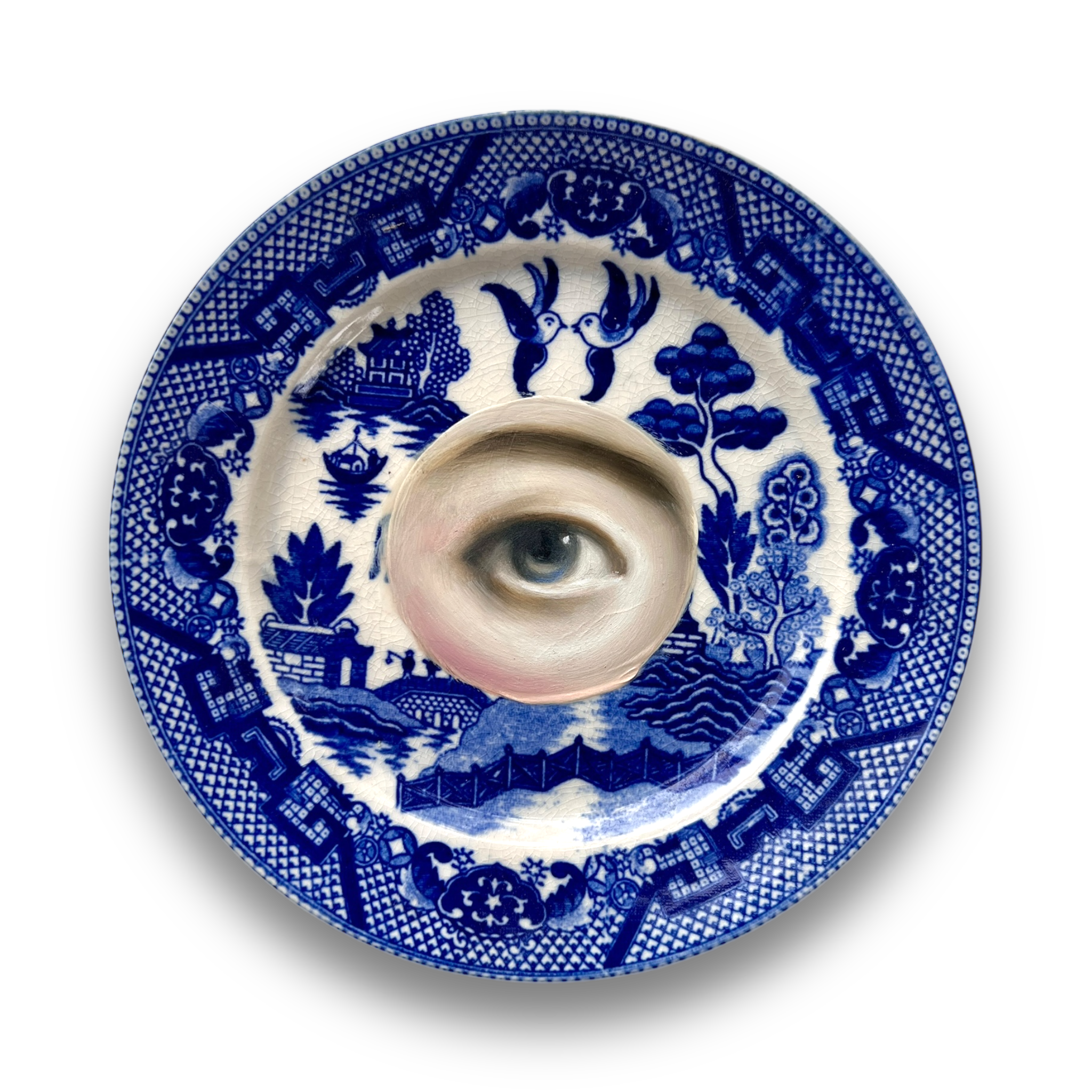 No. 3056 Lover's Eye Painting on a Chinoiserie Blue Willow Plate