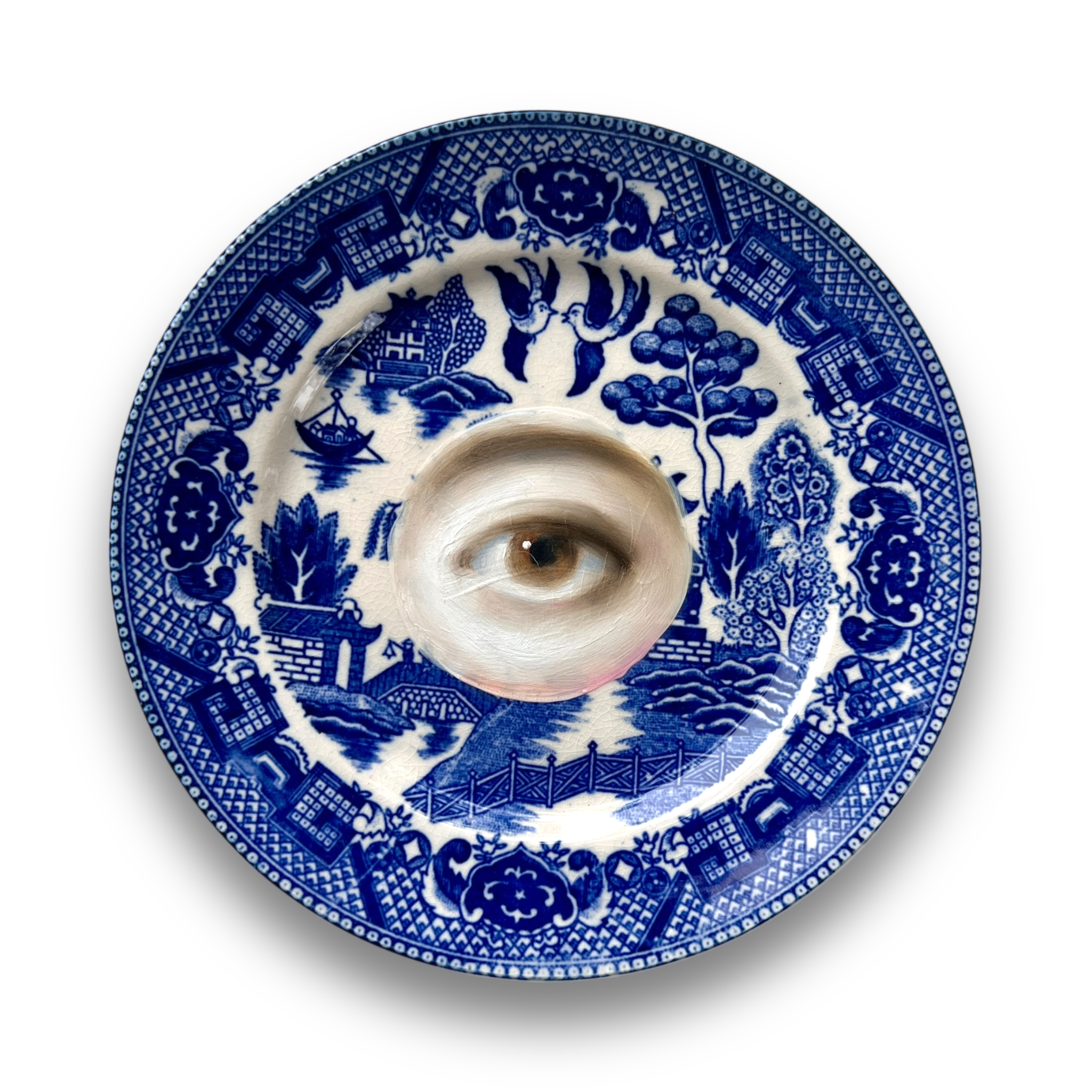No. 3054 Lover's Eye Painting on a Chinoiserie Blue Willow Plate