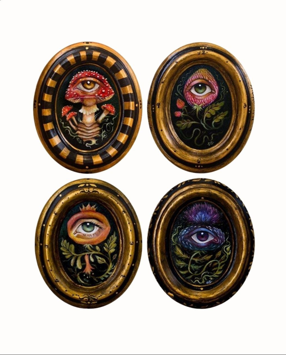 Four circular artworks with eye designs on a white background, accompanied by text.