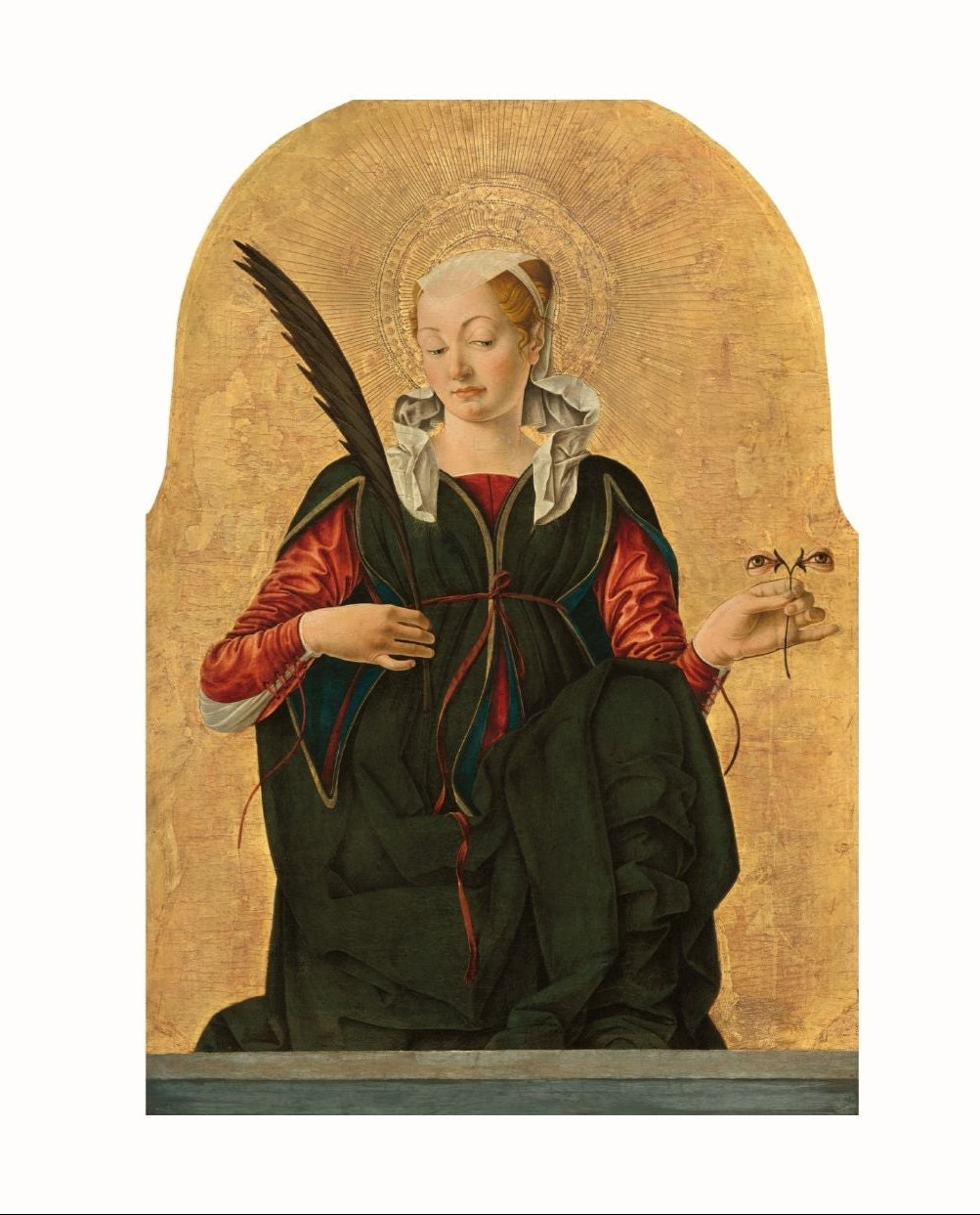 Artistic depiction of Saint Lucy with text on a white background