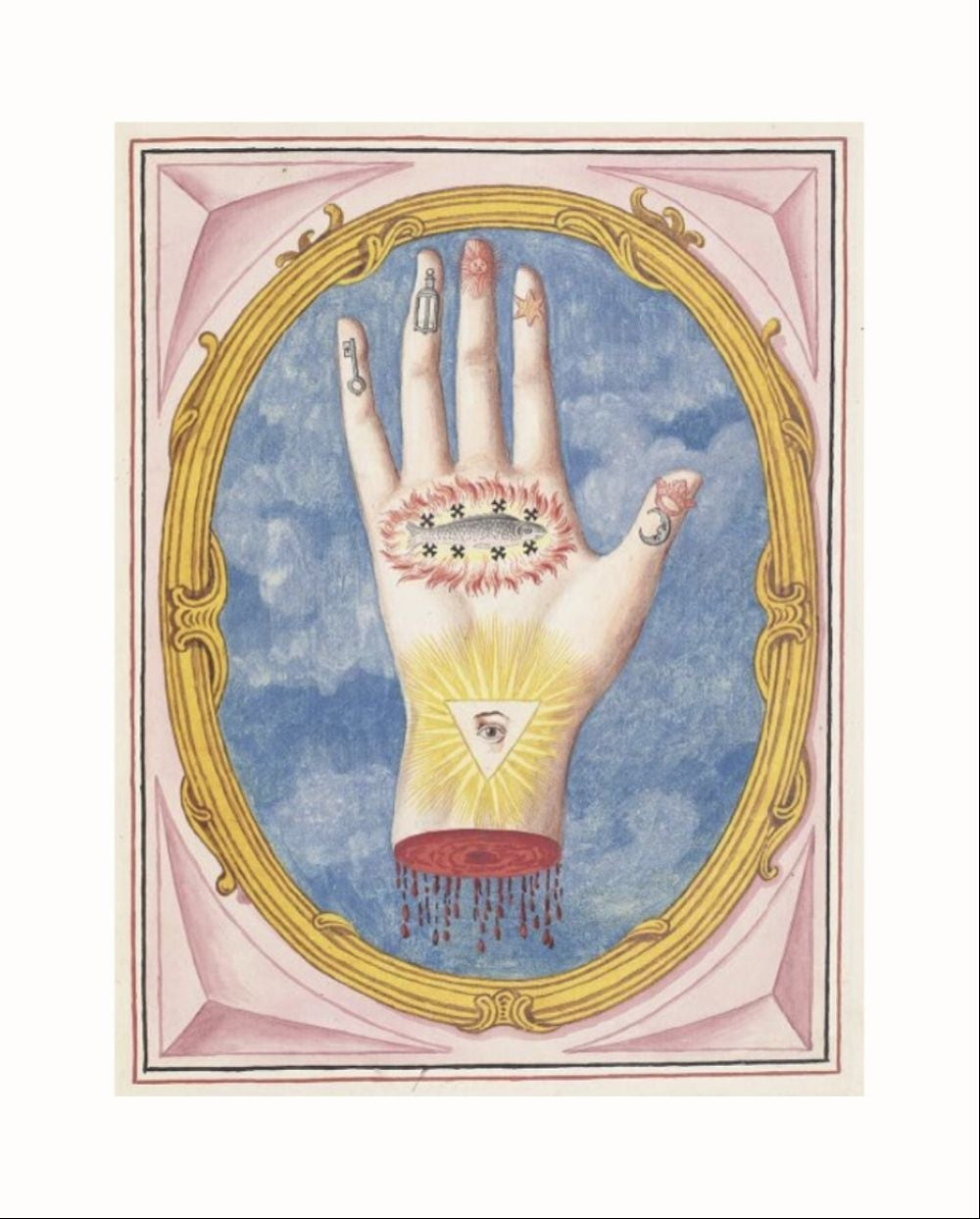 Illustration of a hand with alchemical symbols, labeled 'The Hand of the Philosophers', from an 18th-century manuscript.