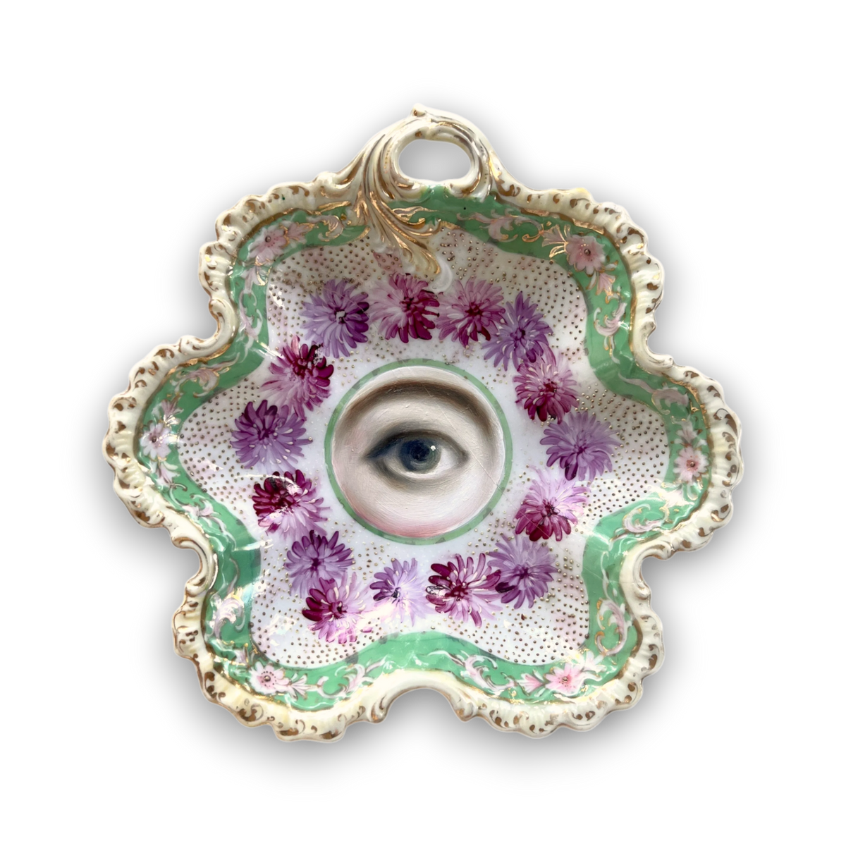 No. 3872 Lover’s Eye Painting on a Violet & Green Dish (As Is)